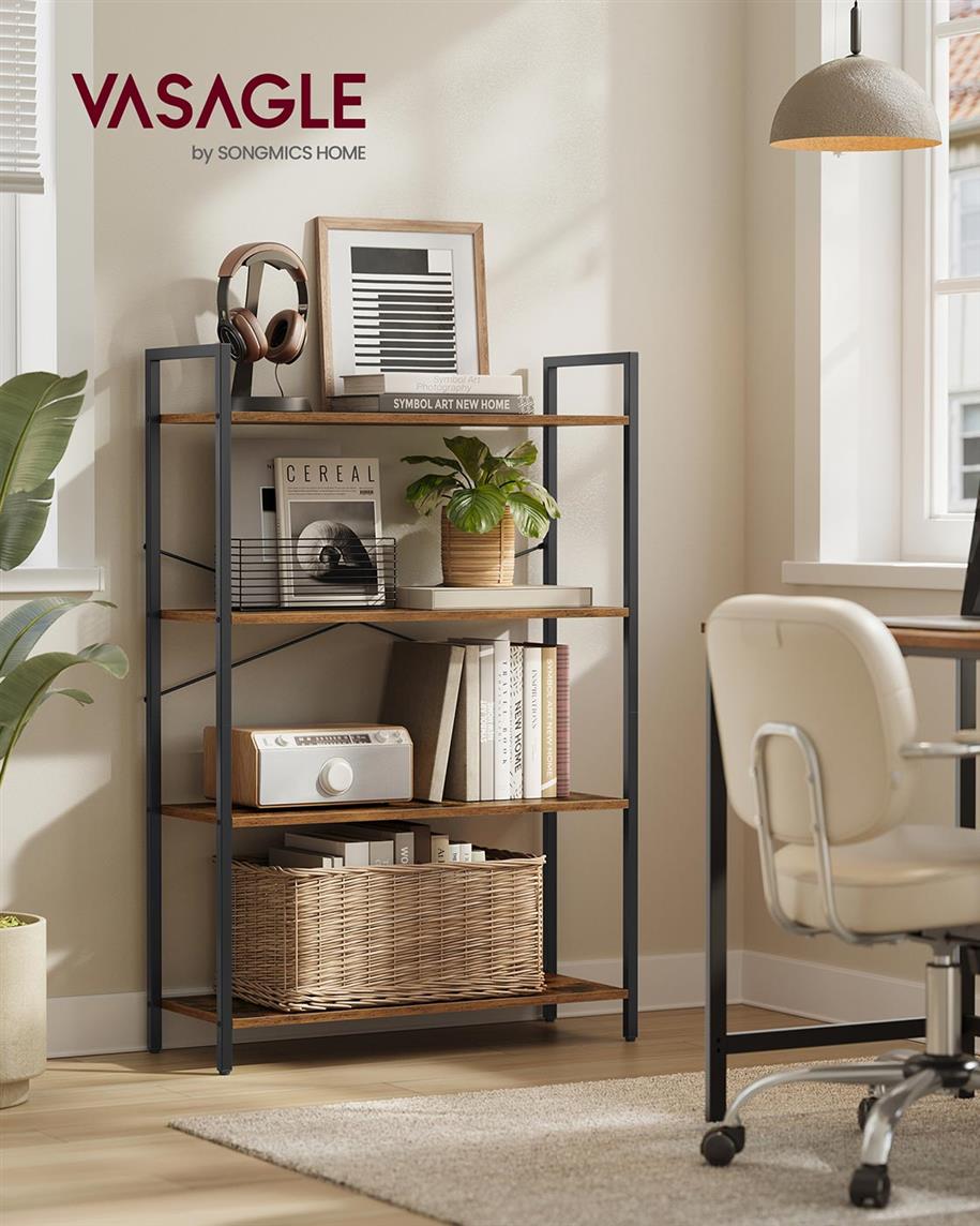 VASAGLE 4-Tier Tall Bookshelf – Honey Brown, Black