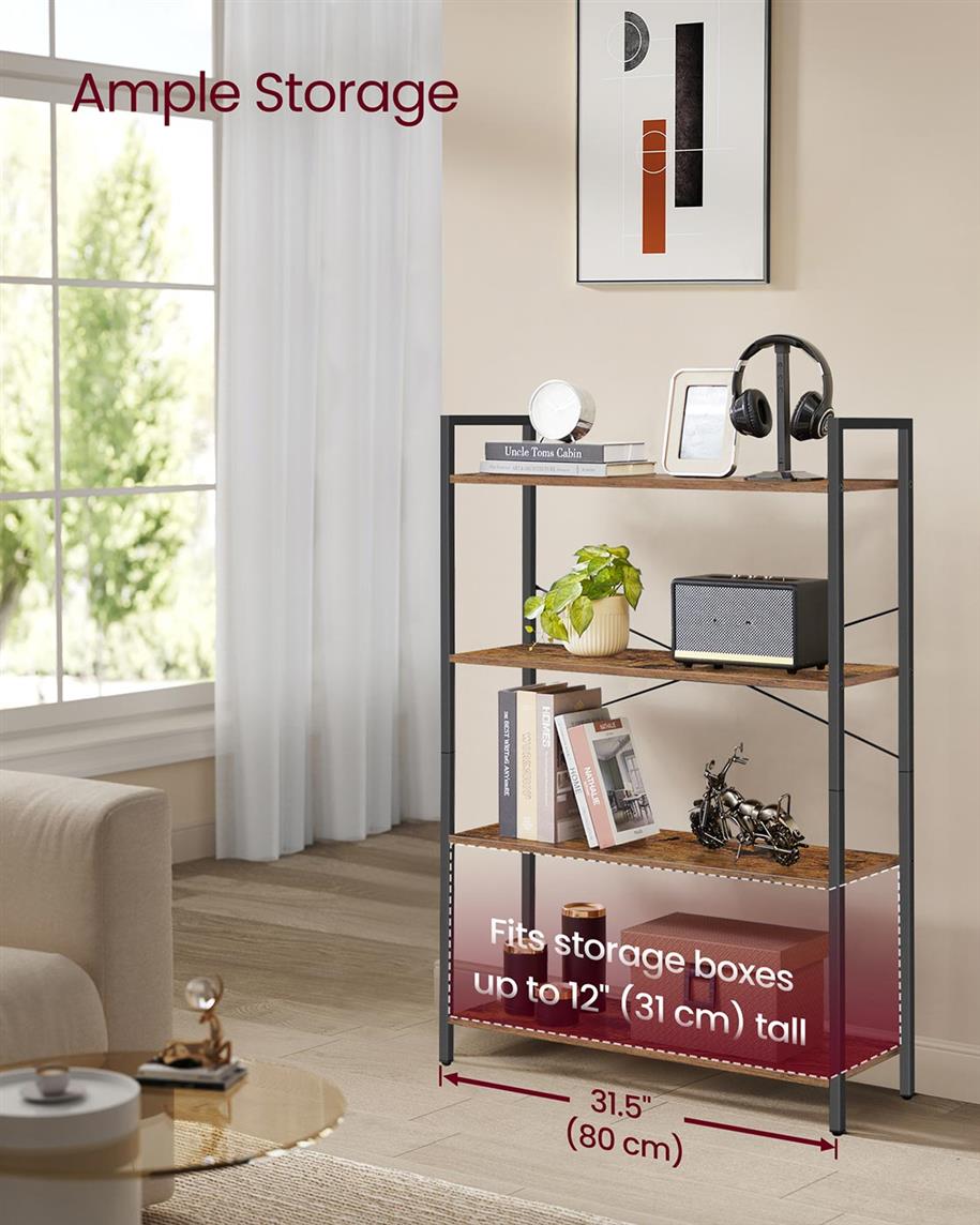 VASAGLE 4-Tier Tall Bookshelf – Honey Brown, Black