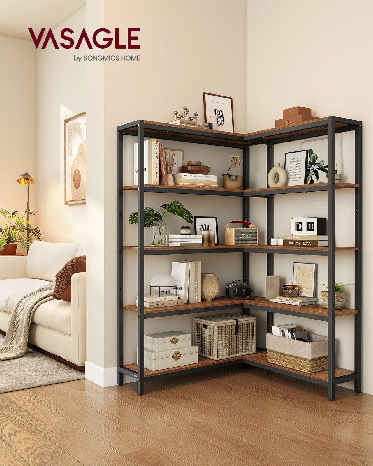 VASAGLE Metal Frame Bookshelf for Living Room Bedroom or Office – Rustic Brown, Ink Black