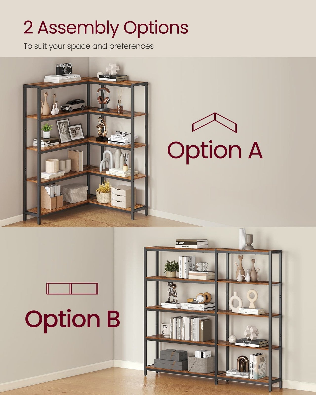 VASAGLE Metal Frame Bookshelf for Living Room Bedroom or Office – Rustic Brown, Ink Black
