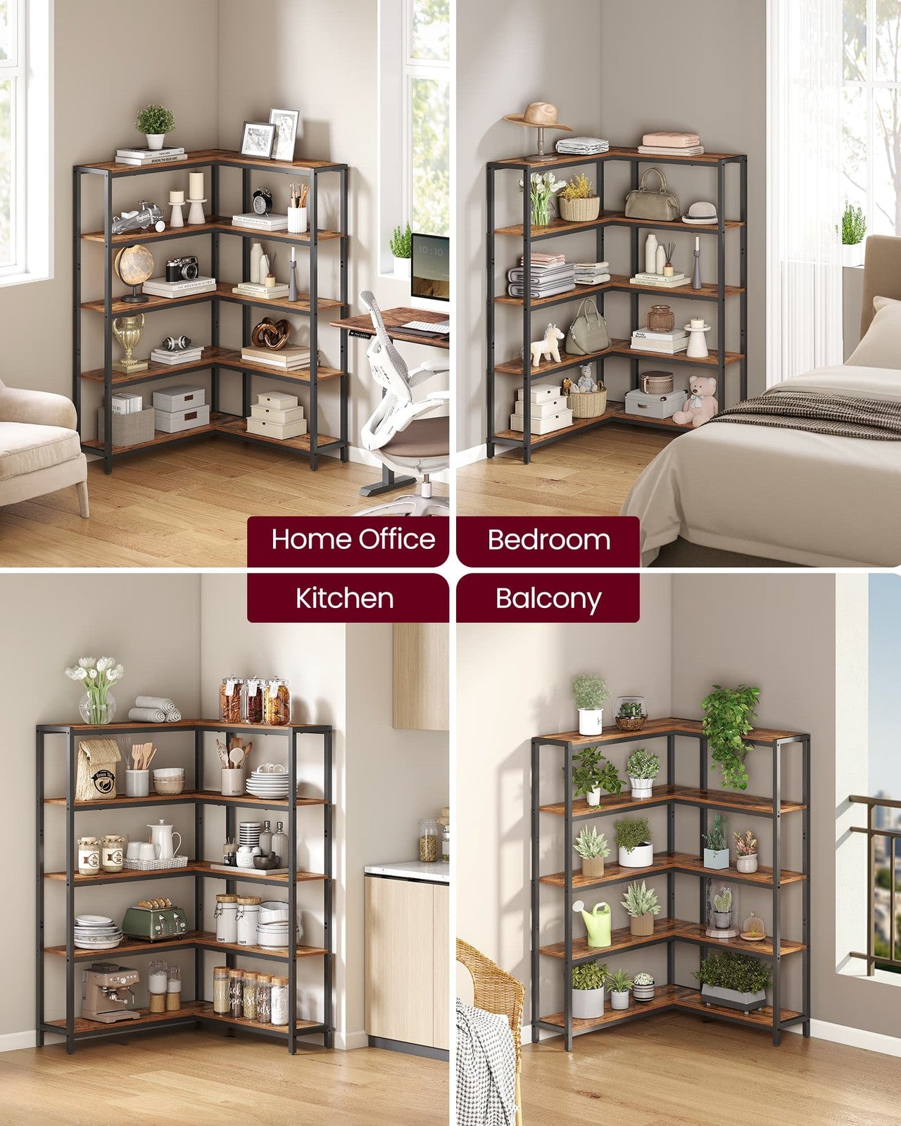 VASAGLE Metal Frame Bookshelf for Living Room Bedroom or Office – Rustic Brown, Ink Black