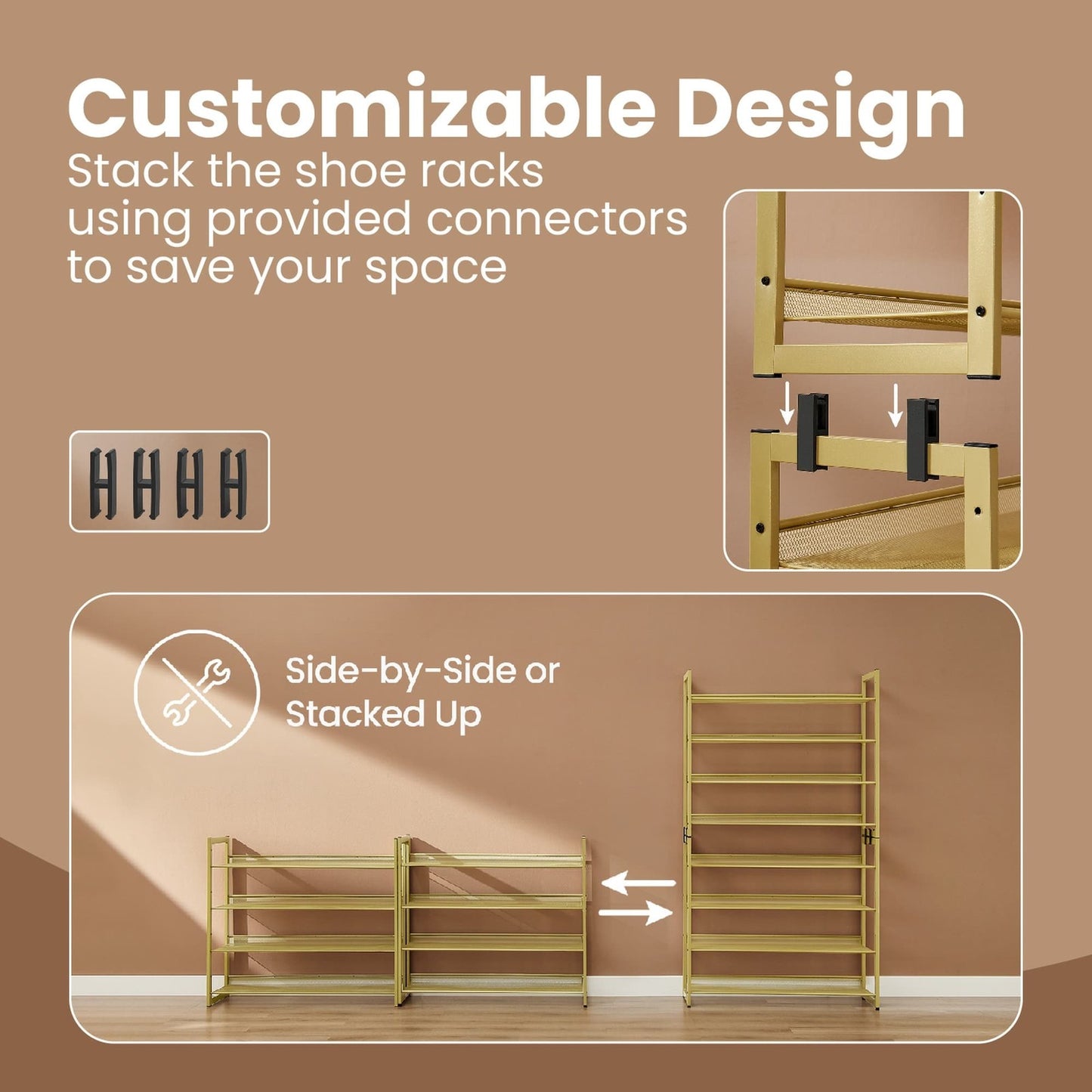 SONGMICS Metal Shoe Storage Rack Set with Stackable Adjustable Shelves – Pale Gold
