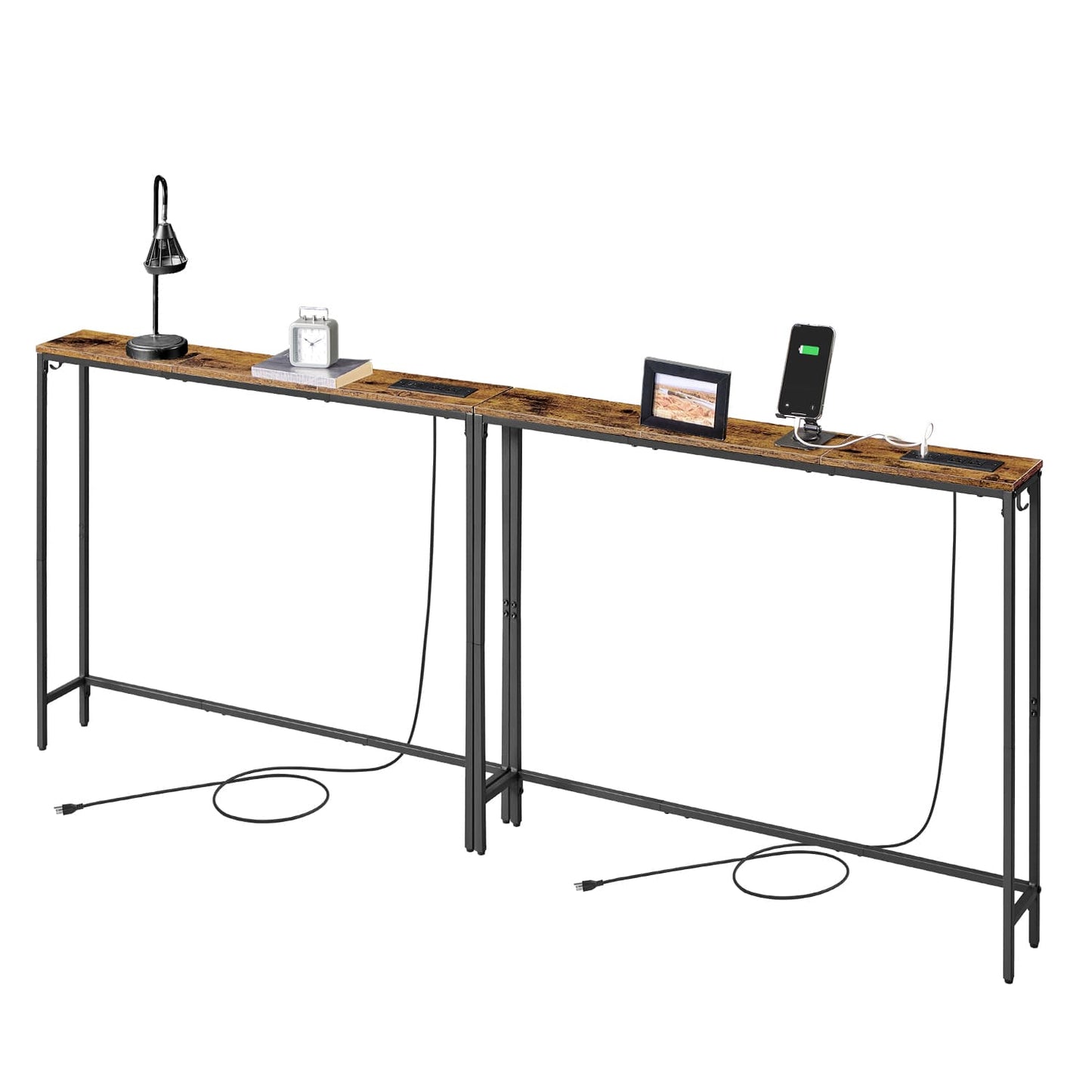 VASAGLE Slim Console Table with Power Outlets for Sofa and Entryway – Rustic Brown, Ink Black