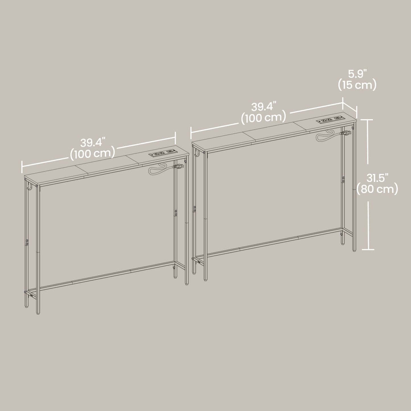 VASAGLE Slim Console Table with Power Outlets for Sofa and Entryway – Rustic Brown, Ink Black