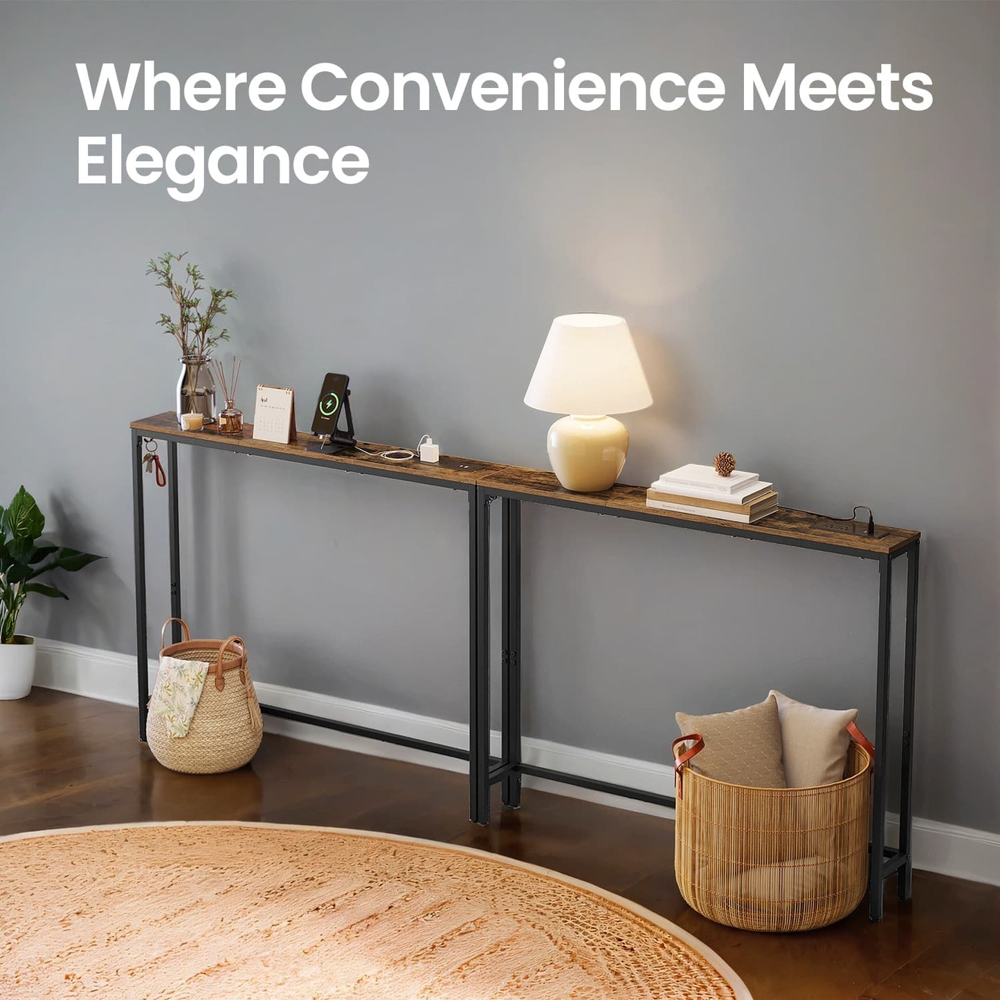 VASAGLE Slim Console Table with Power Outlets for Sofa and Entryway – Rustic Brown, Ink Black