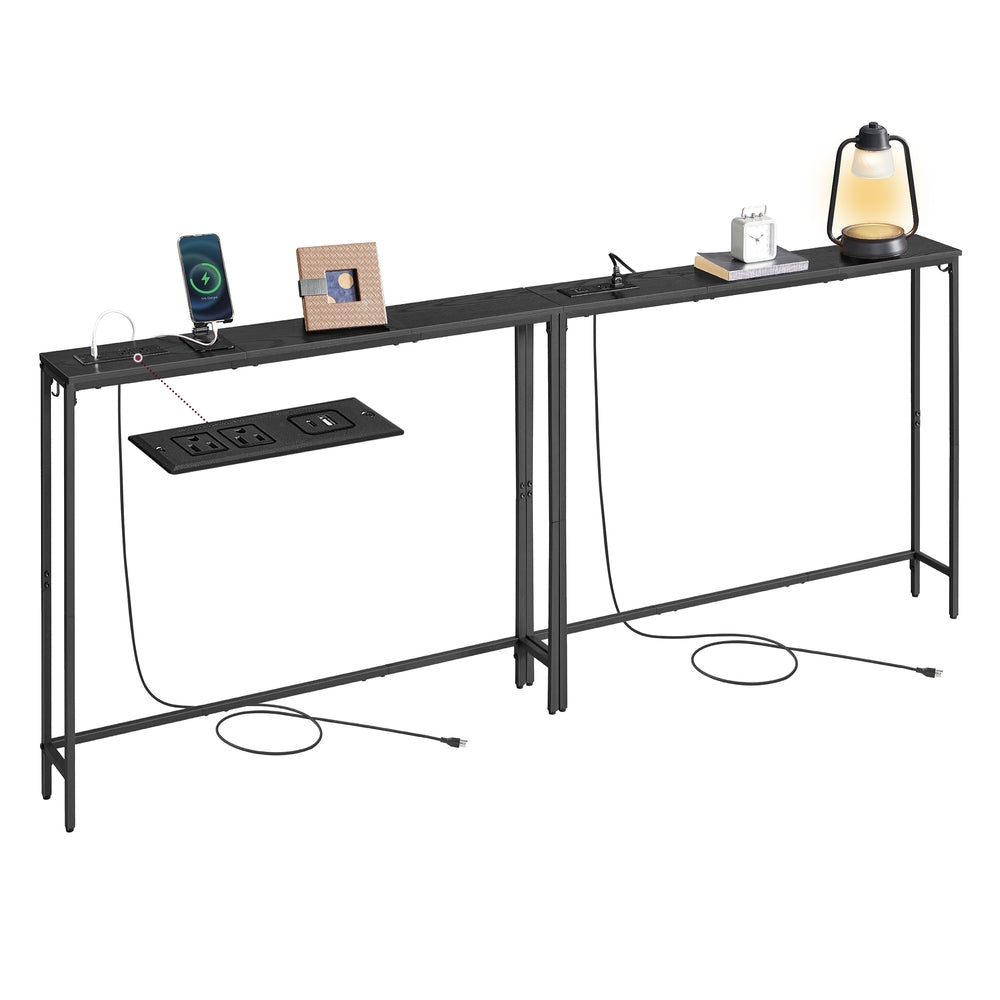 VASAGLE Set of Two Console Tables with Power Outlets and Hooks – Ebony Black, Ink Black