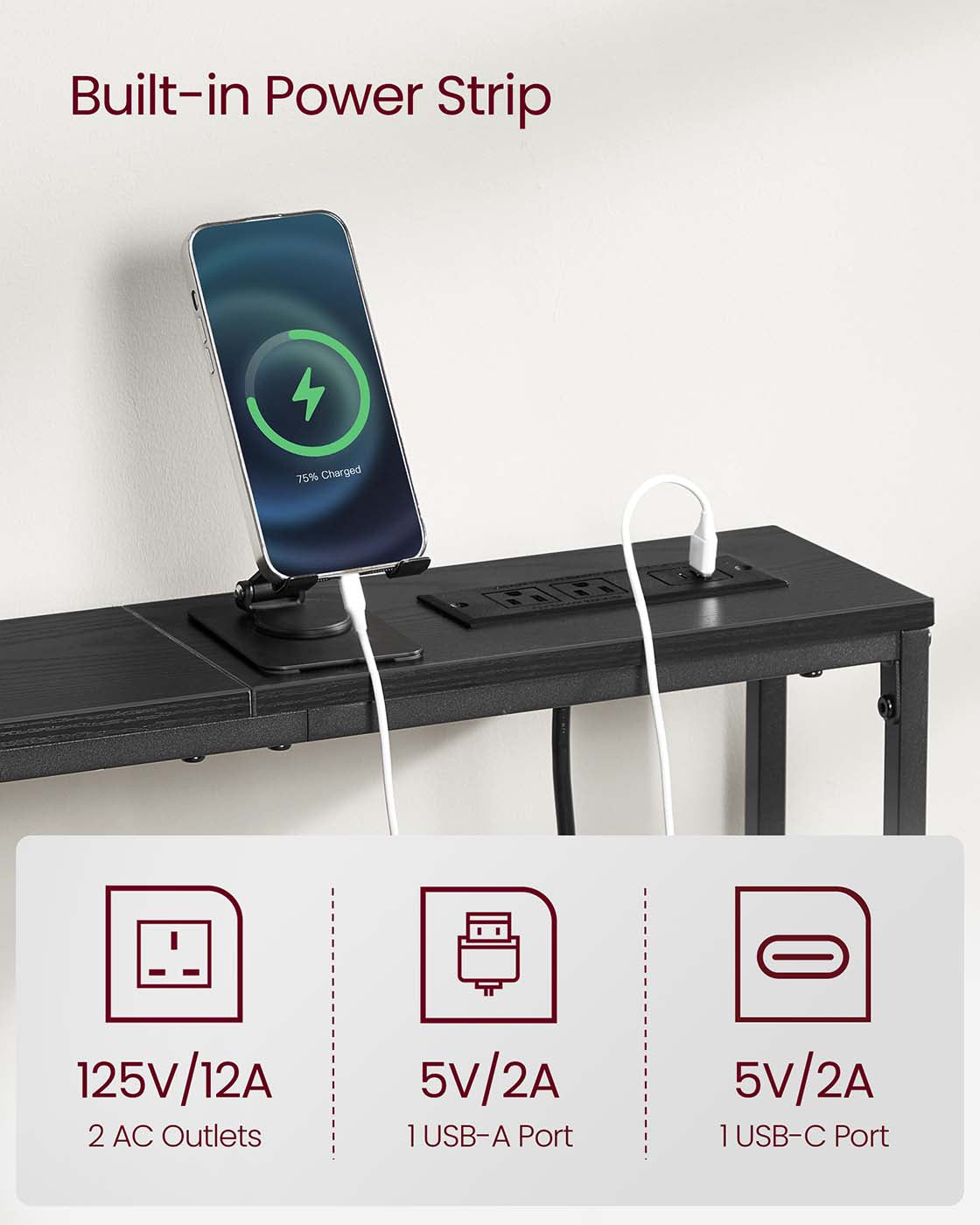 VASAGLE Set of Two Console Tables with Power Outlets and Hooks – Ebony Black, Ink Black