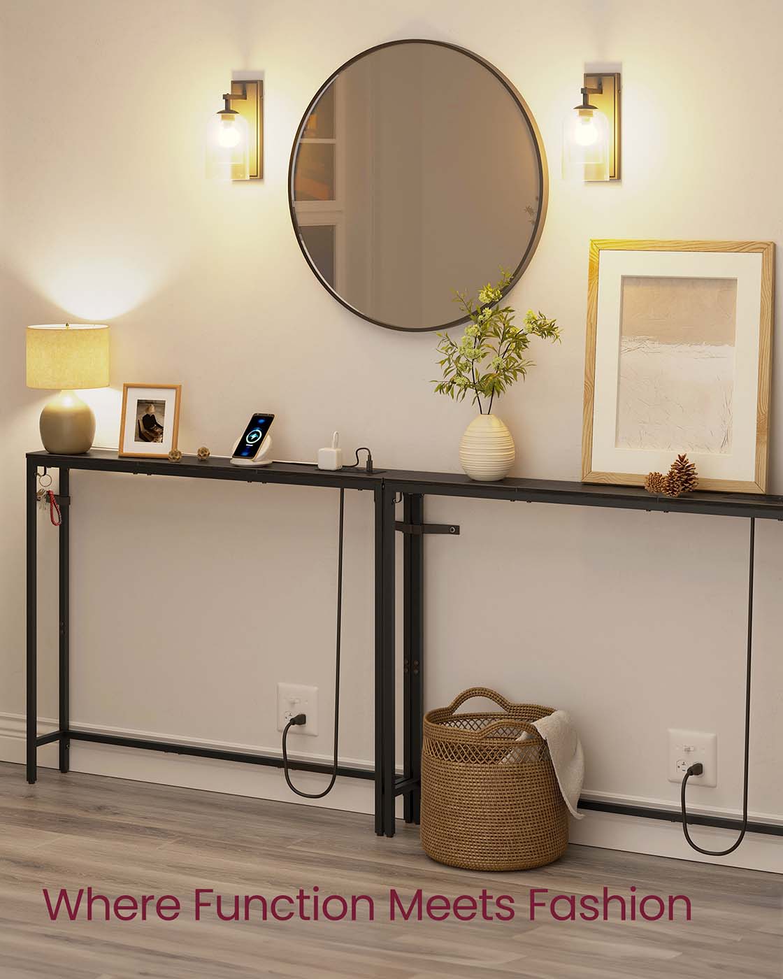 VASAGLE Set of Two Console Tables with Power Outlets and Hooks – Ebony Black, Ink Black