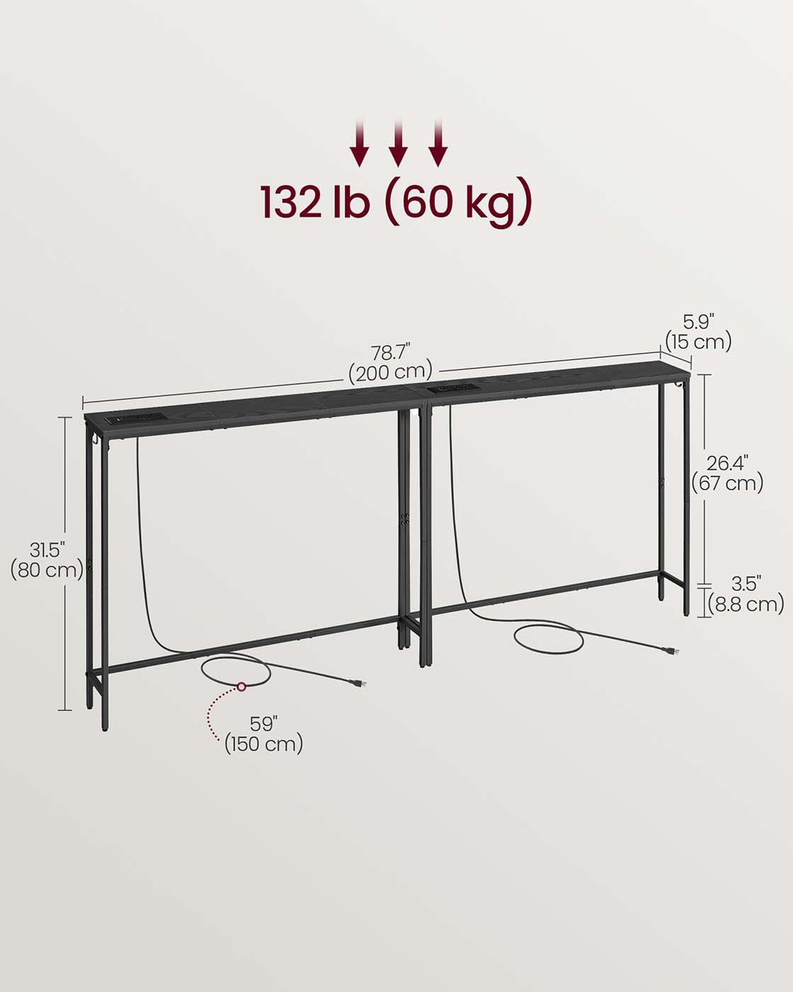 VASAGLE Set of Two Console Tables with Power Outlets and Hooks – Ebony Black, Ink Black
