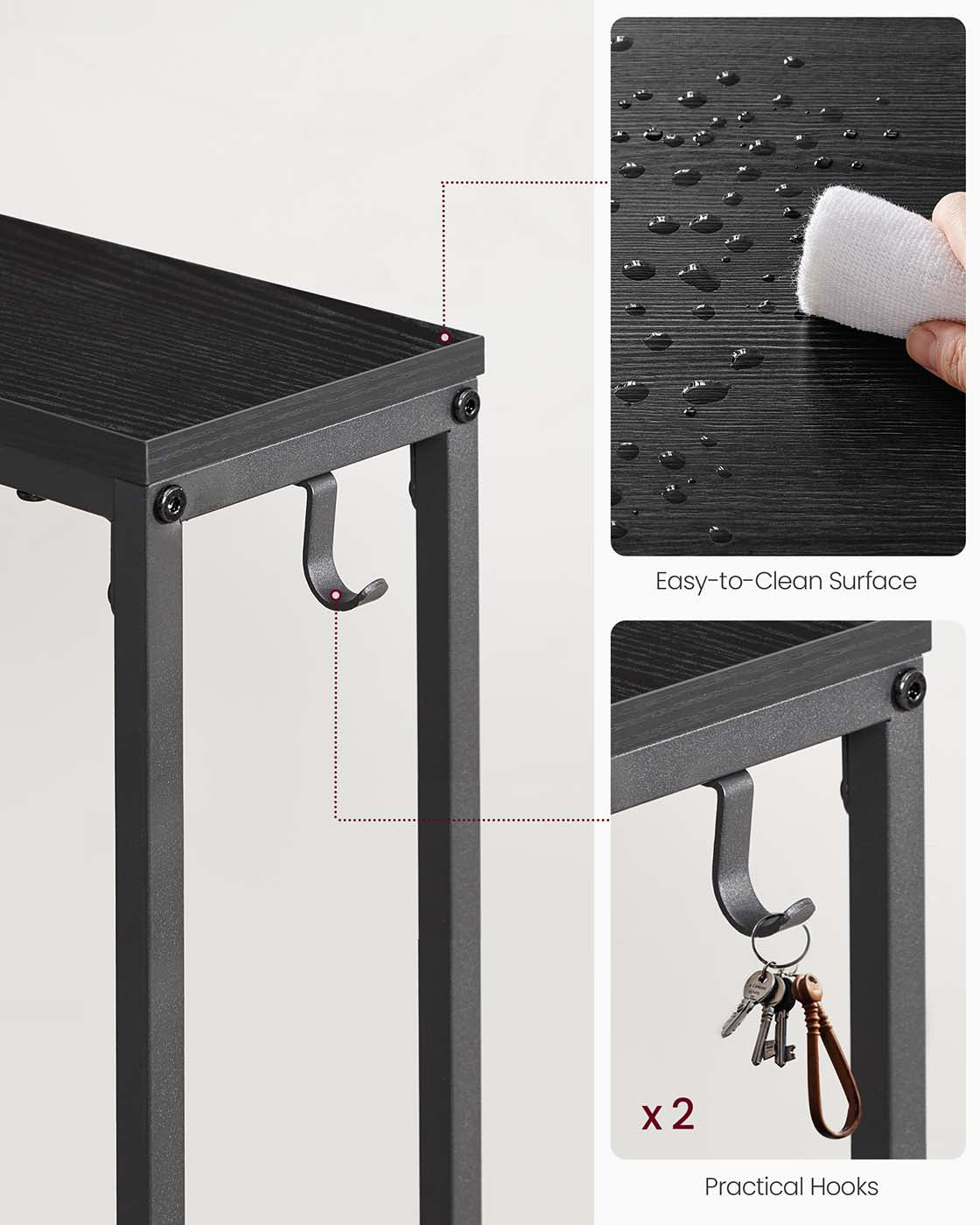 VASAGLE Set of Two Console Tables with Power Outlets and Hooks – Ebony Black, Ink Black