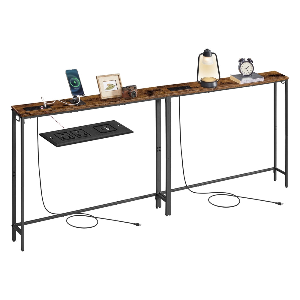 VASAGLE Set of 2 Console Tables with Power Outlets, Slim Behind Couch Sofa Tables – Rustic Brown, Ink Black