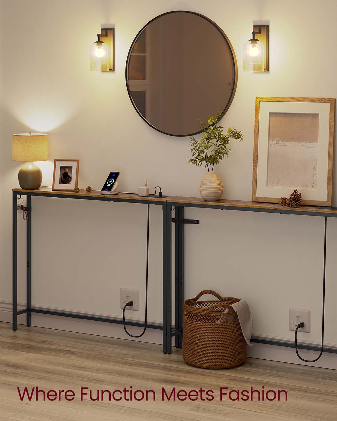 VASAGLE Set of 2 Console Tables with Power Outlets, Slim Behind Couch Sofa Tables – Rustic Brown, Ink Black