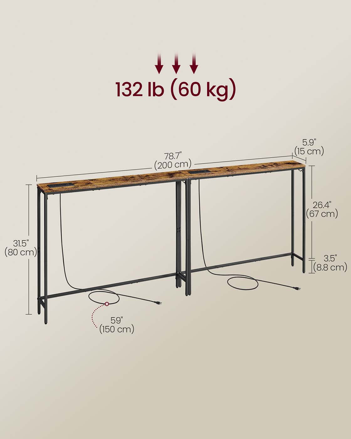VASAGLE Set of 2 Console Tables with Power Outlets, Slim Behind Couch Sofa Tables – Rustic Brown, Ink Black