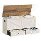 VASAGLE Farmhouse Storage Bench with Fabric Drawers – Rustic White, Honey Brown