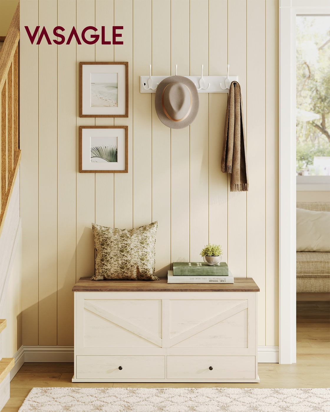 VASAGLE Farmhouse Storage Bench with Fabric Drawers – Rustic White, Honey Brown
