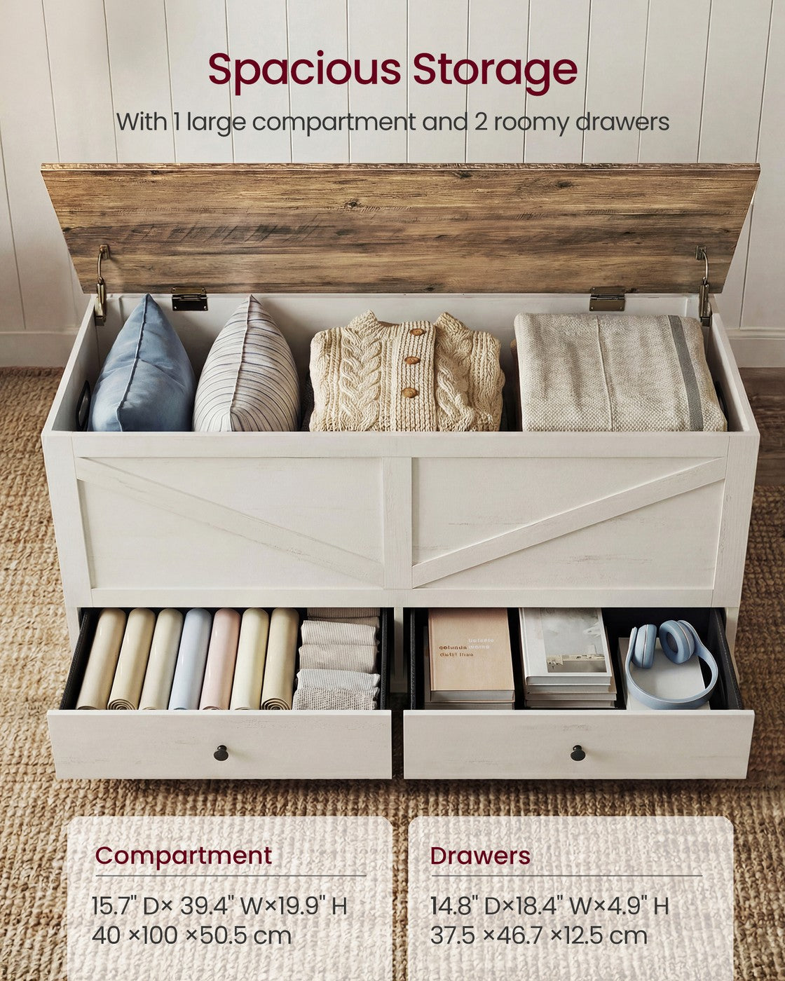 VASAGLE Farmhouse Storage Bench with Fabric Drawers – Rustic White, Honey Brown