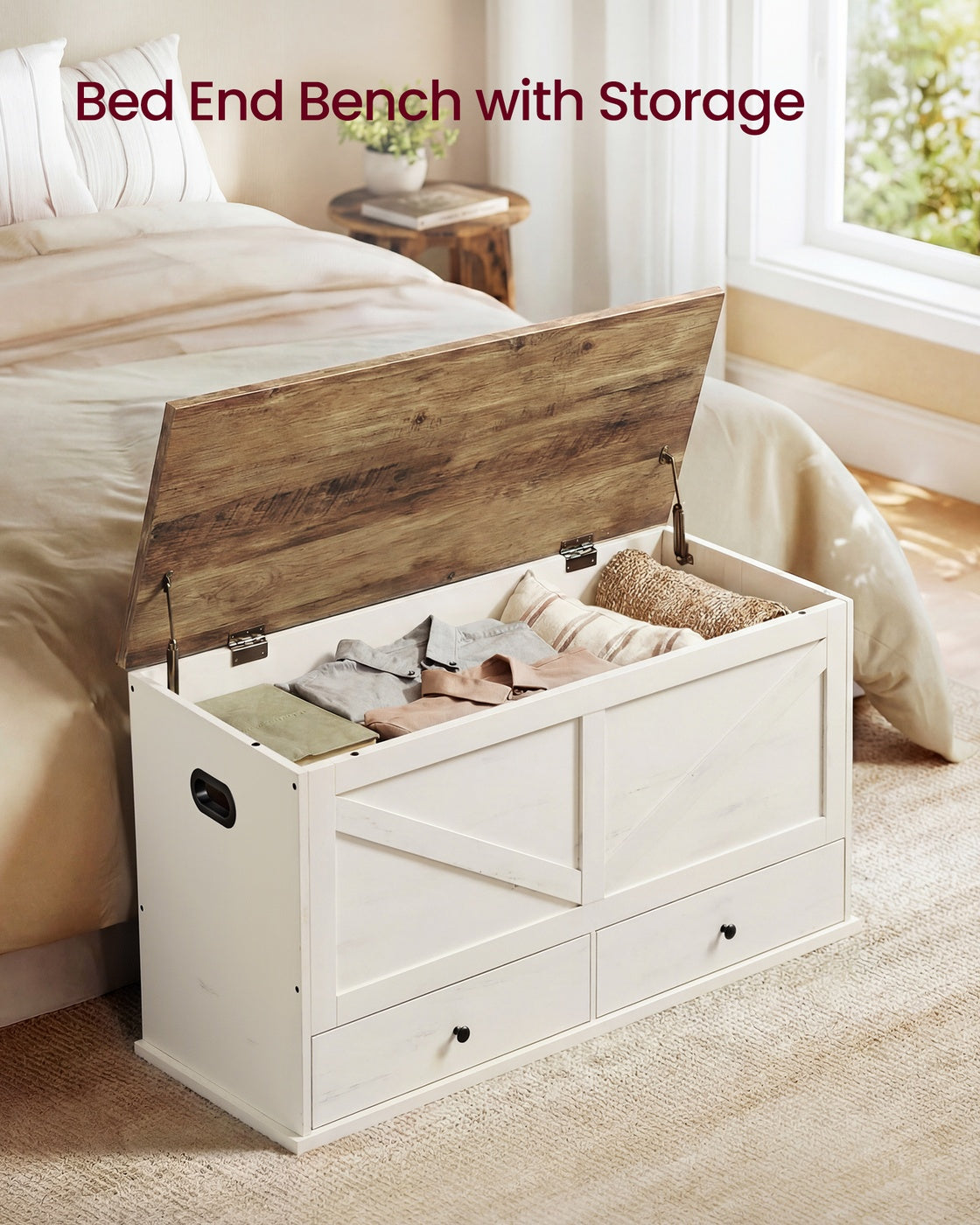 VASAGLE Farmhouse Storage Bench with Fabric Drawers – Rustic White, Honey Brown