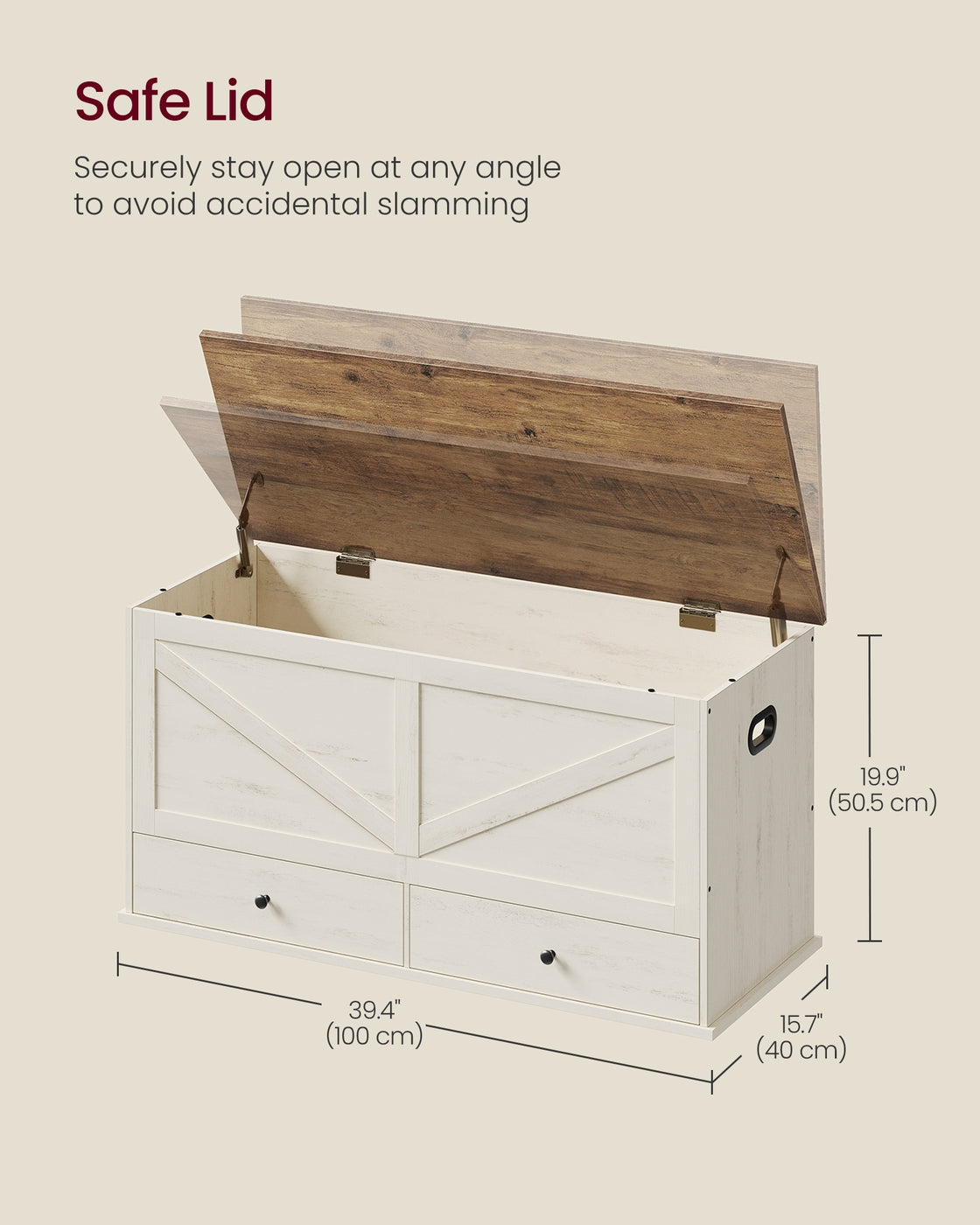 VASAGLE Farmhouse Storage Bench with Fabric Drawers – Rustic White, Honey Brown