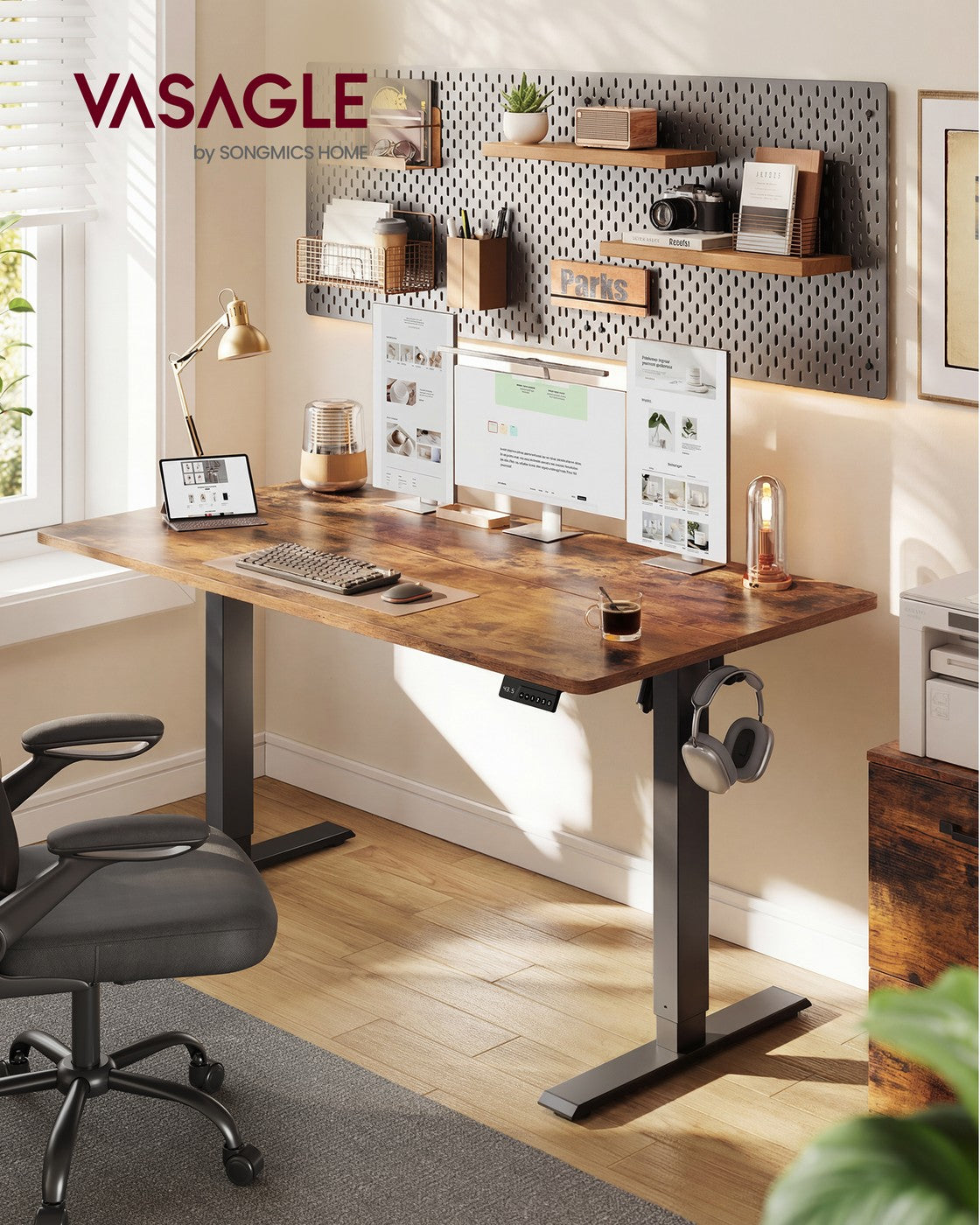 VASAGLE Electric Standing Desk with Memory Settings – Rustic Brown – 55.1"W x 23.6"D x