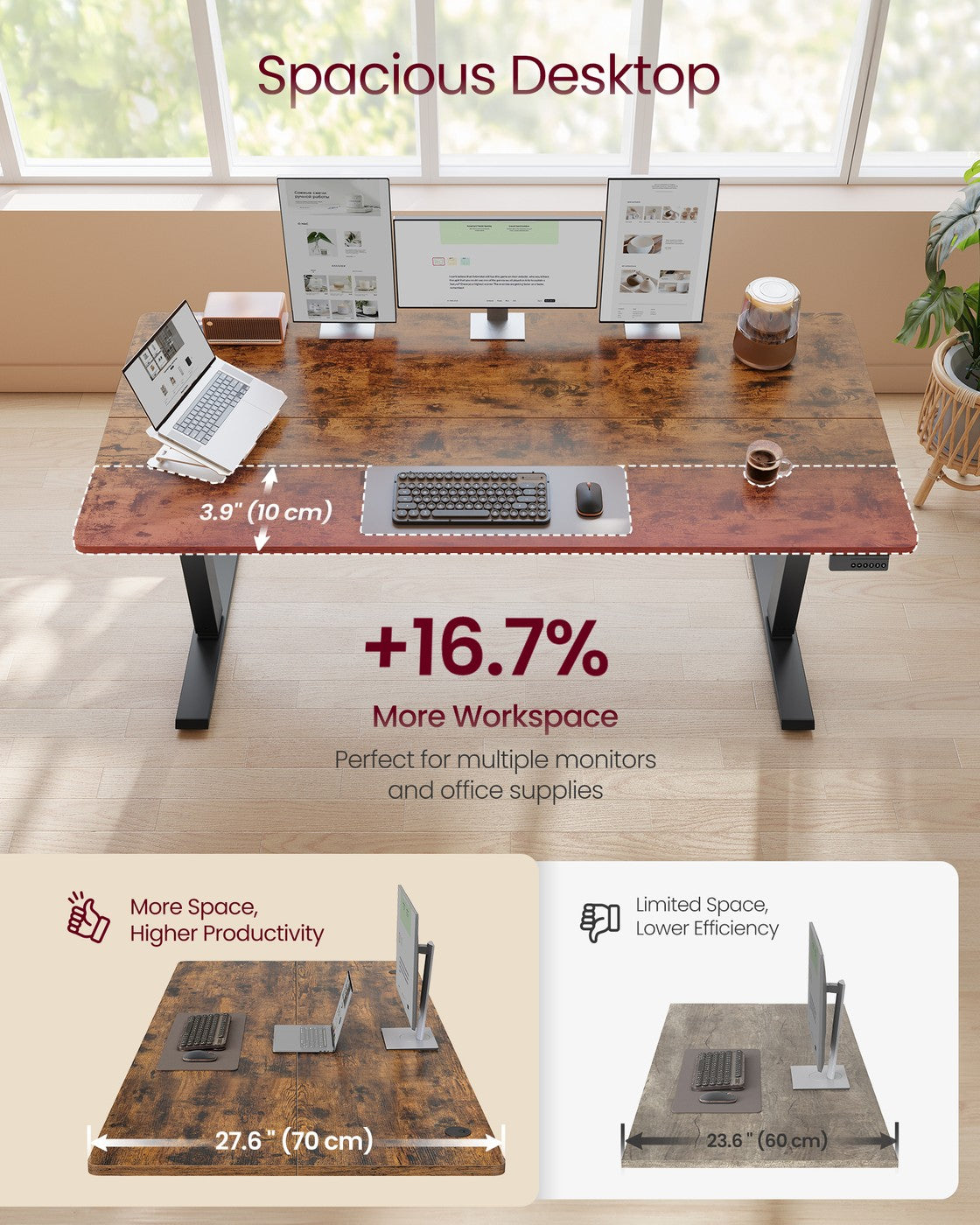 VASAGLE Electric Standing Desk with Memory Settings – Rustic Brown – 63"W x 27.6"D x