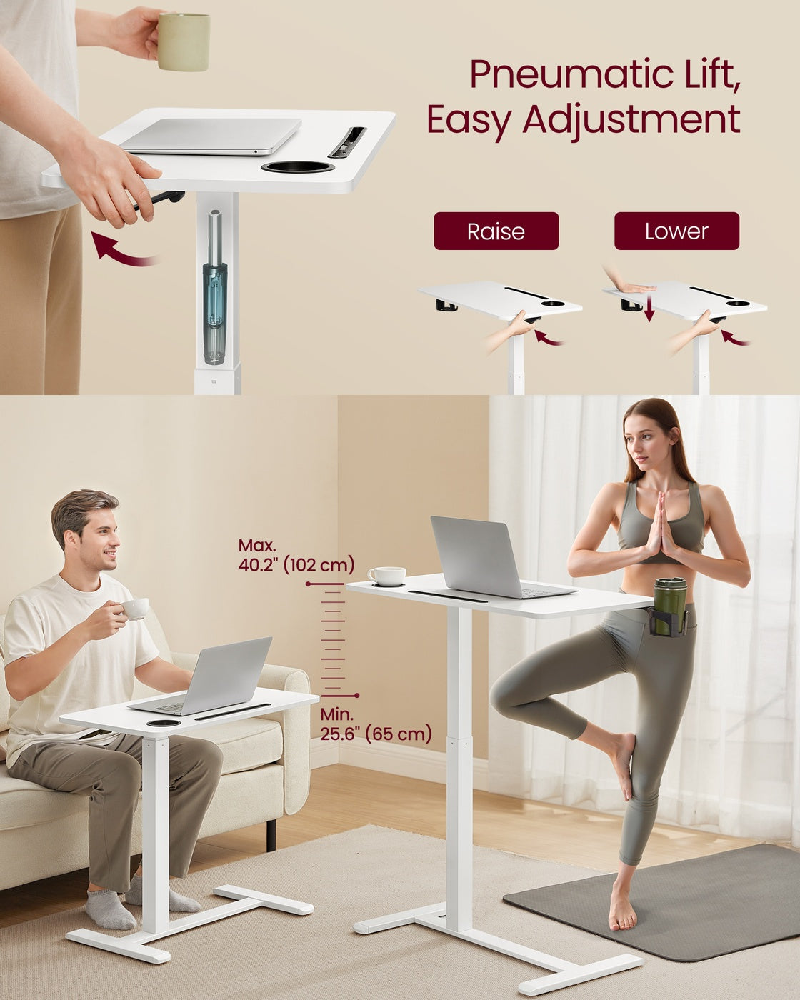 VASAGLE Overbed Table with Wheels, Mobile Standing Computer Desk, 31.5 X 17.7 Inches Tabletop – Cloud White
