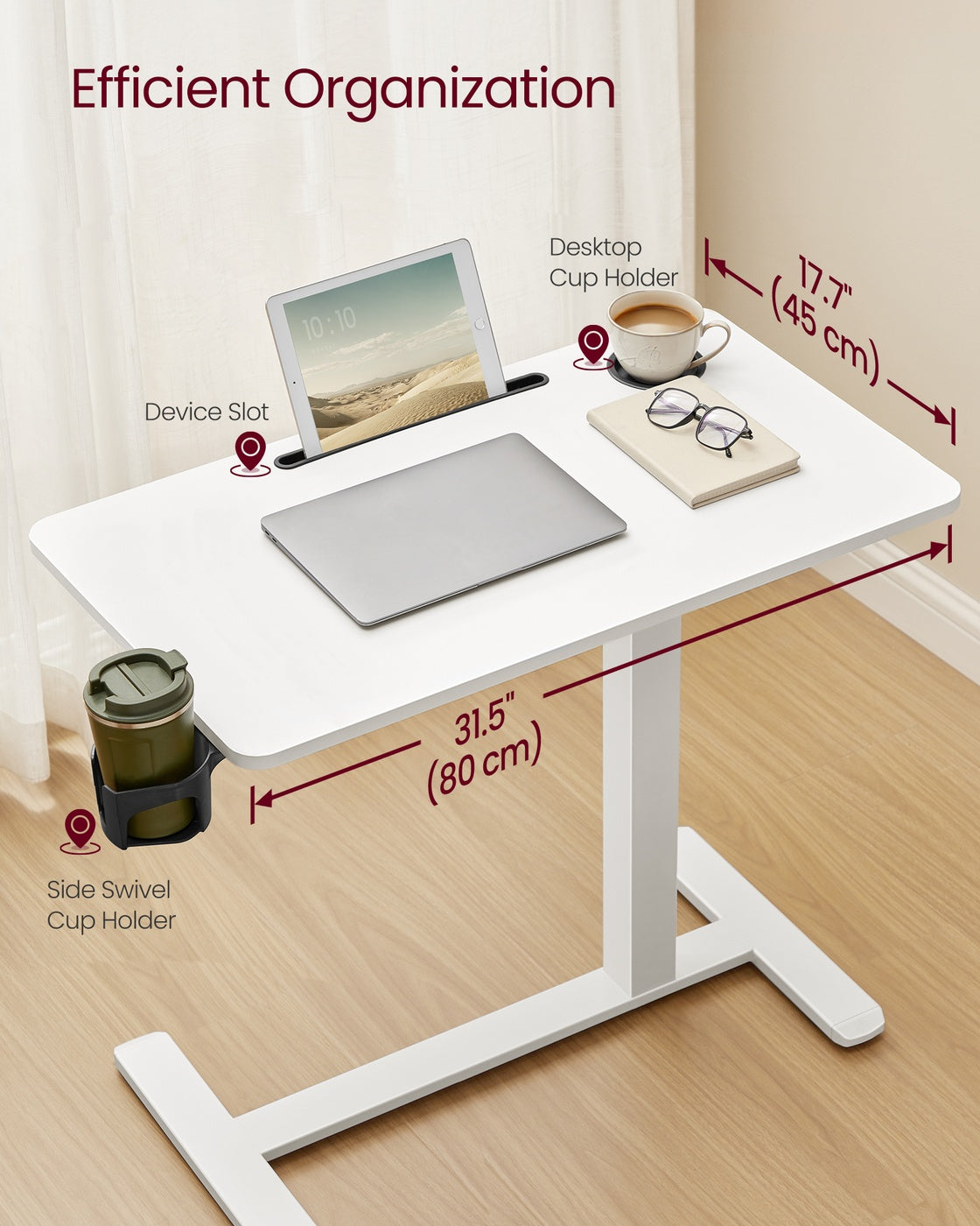VASAGLE Overbed Table with Wheels, Mobile Standing Computer Desk, 31.5 X 17.7 Inches Tabletop – Cloud White