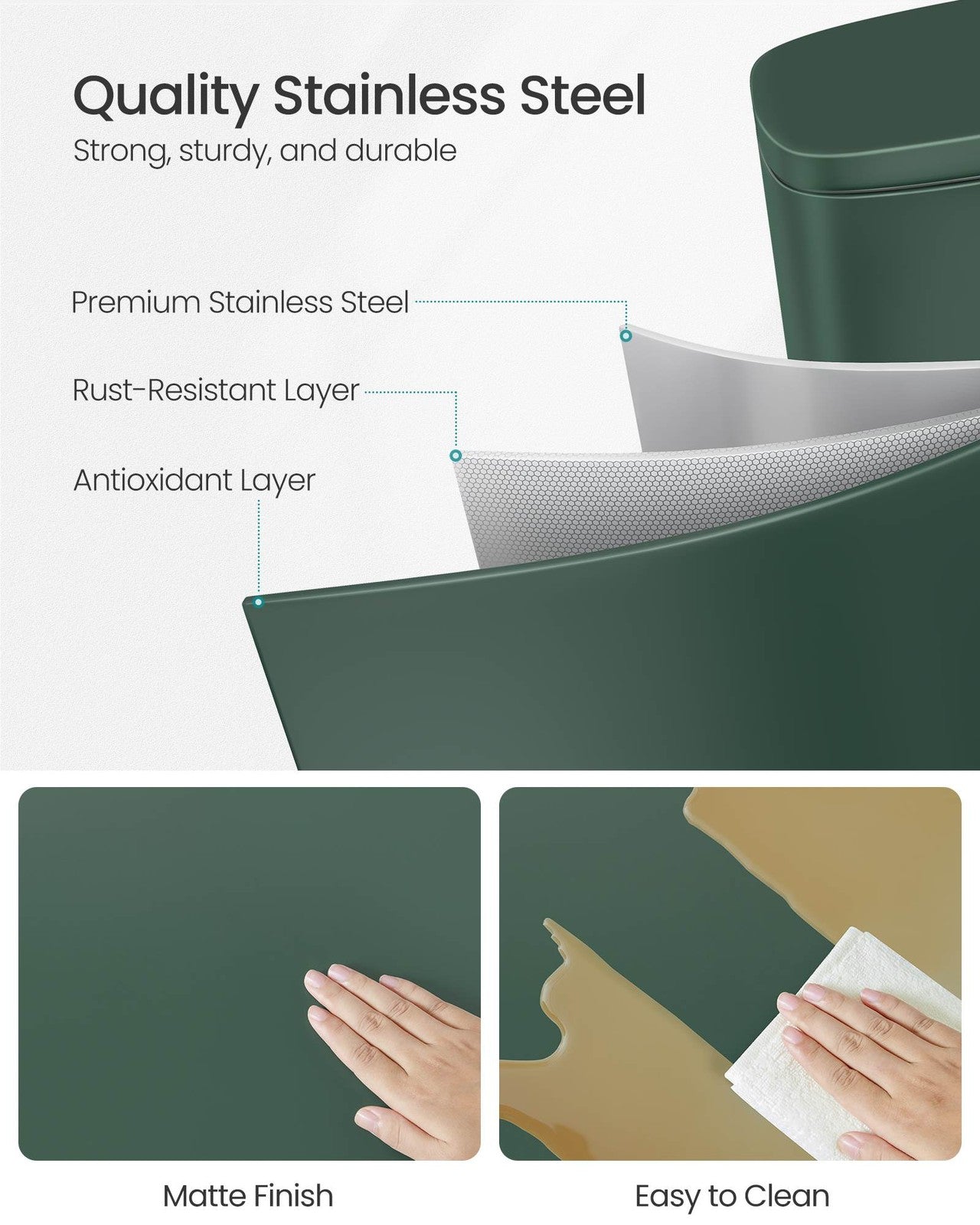 SONGMICS 8- Gallon Silver Step-Open Trash Can with Plastic Inner Bucket – Retro Green