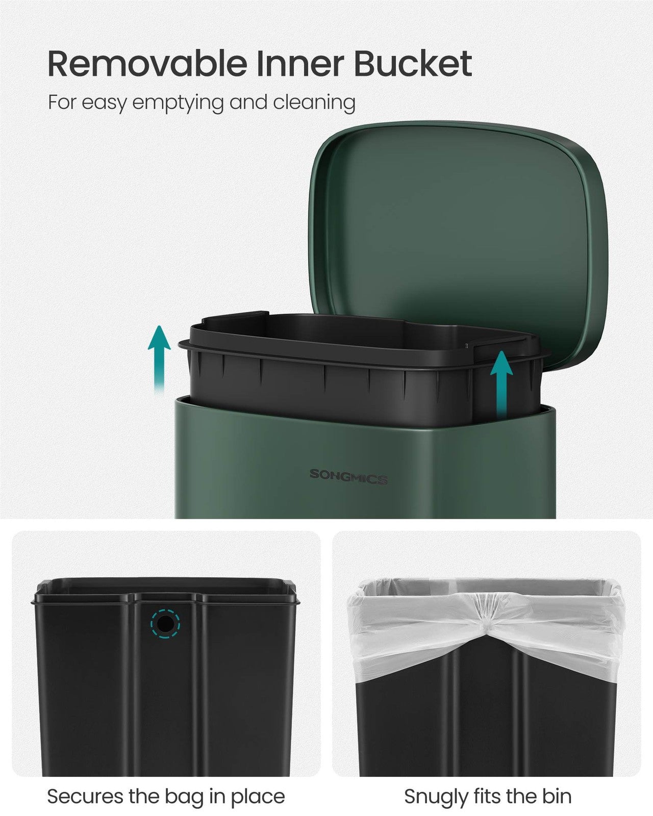 SONGMICS 8- Gallon Silver Step-Open Trash Can with Plastic Inner Bucket – Retro Green