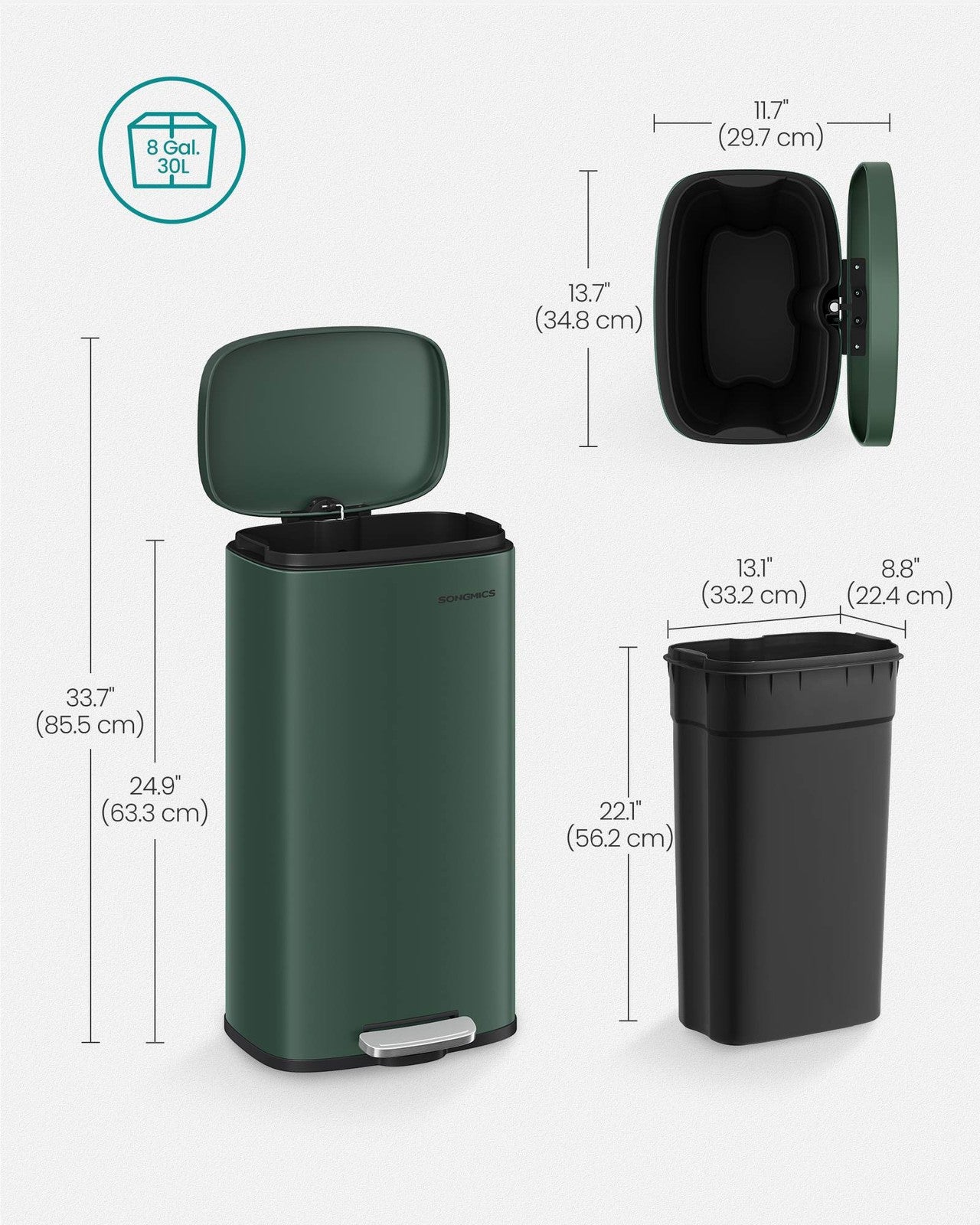SONGMICS 8- Gallon Silver Step-Open Trash Can with Plastic Inner Bucket – Retro Green