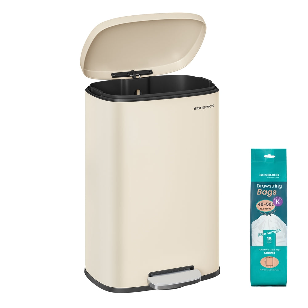 SONGMICS 13 Gallon White Step Trash Can with Hinged Lid – Sand Beige