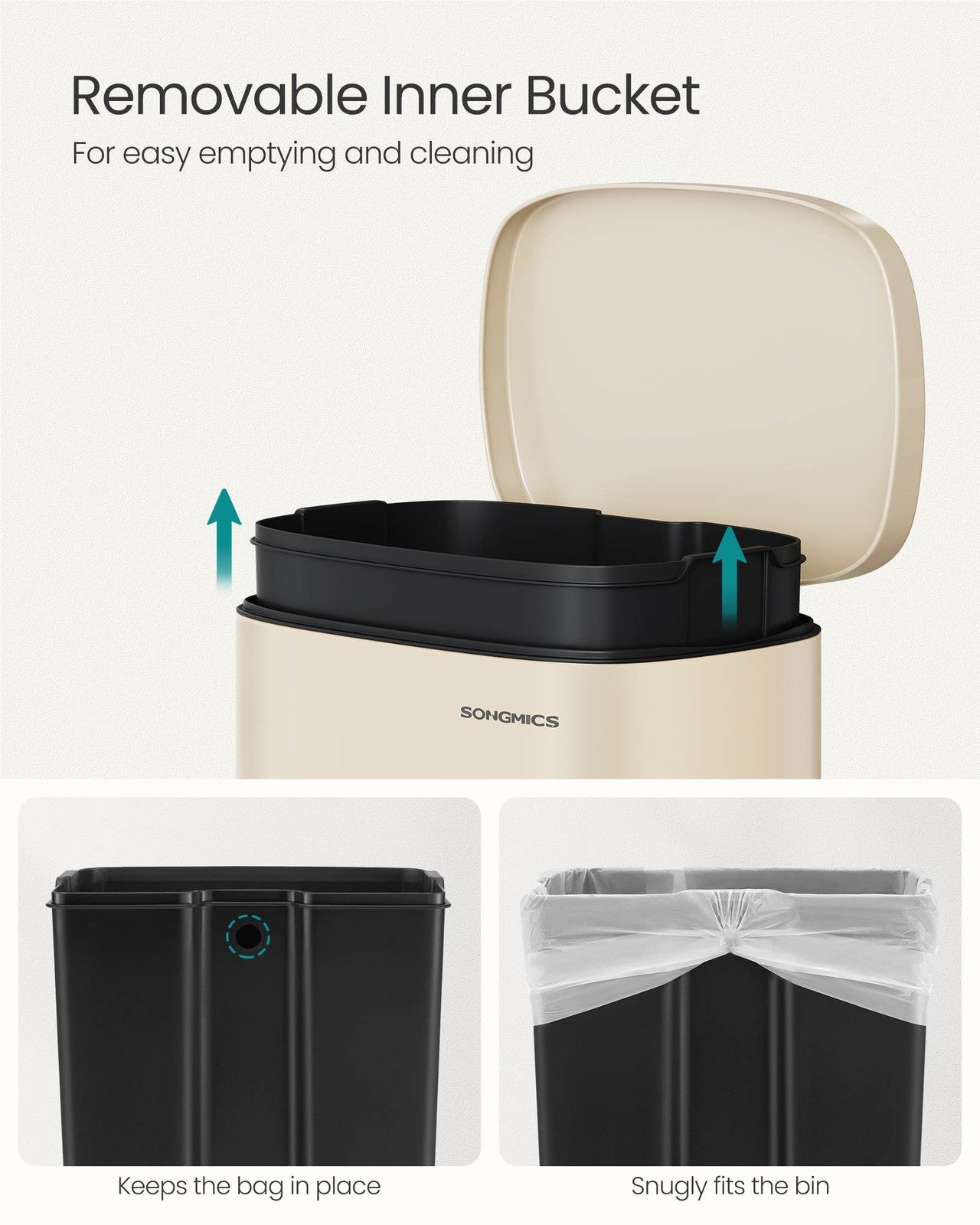 SONGMICS 13 Gallon White Step Trash Can with Hinged Lid – Sand Beige