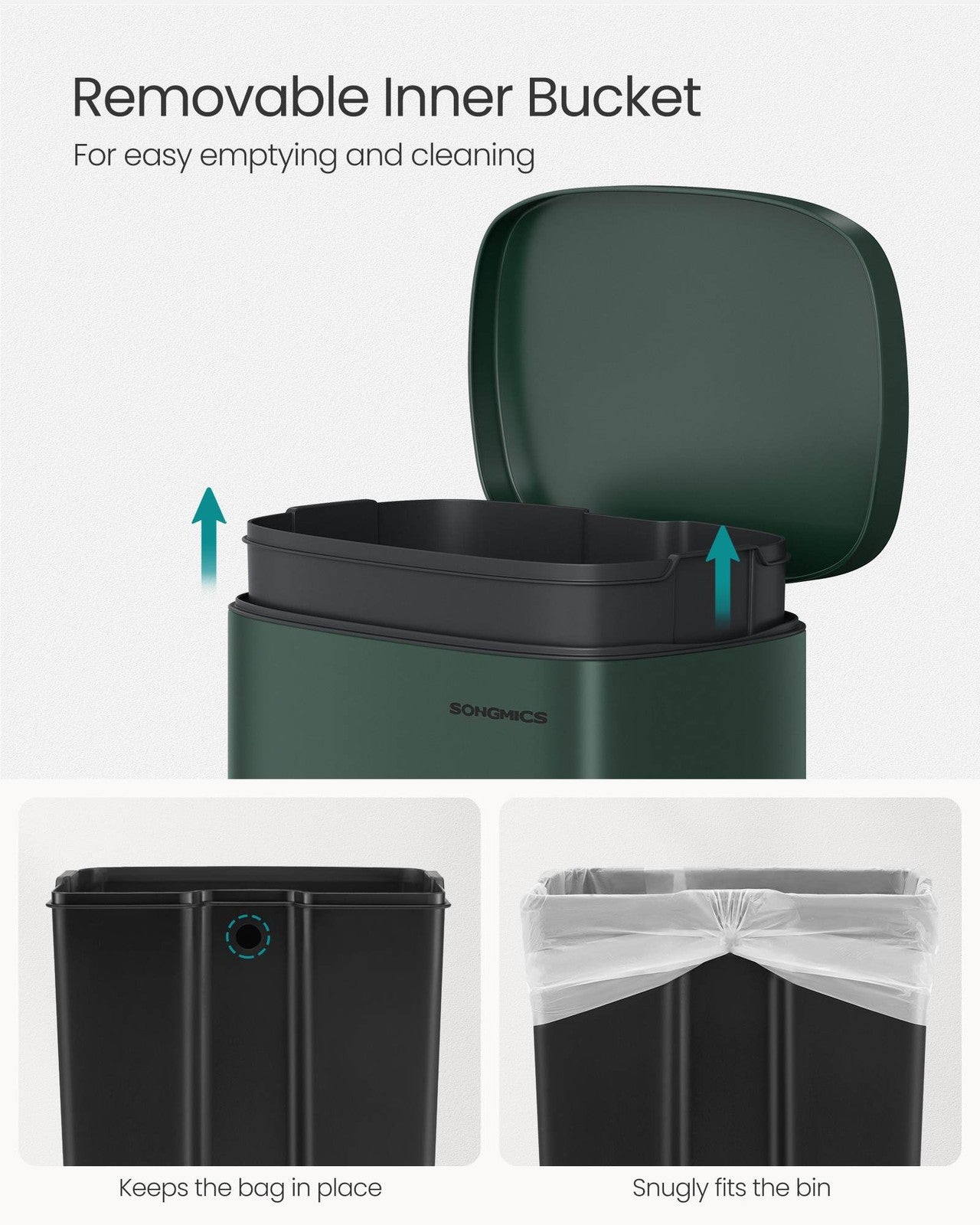 SONGMICS 13 Gallon White Step Trash Can with Hinged Lid – Retro Green