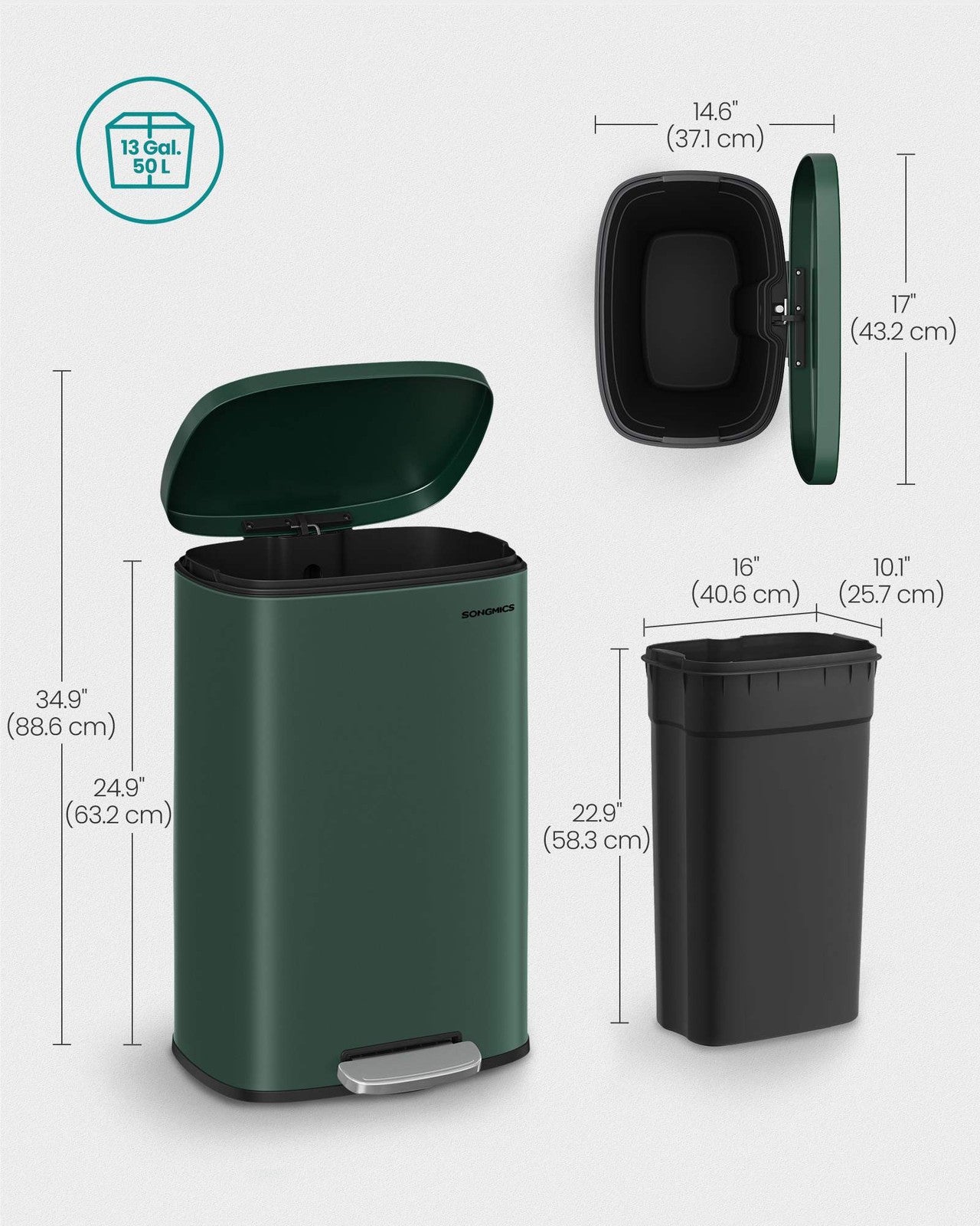 SONGMICS 13 Gallon White Step Trash Can with Hinged Lid – Retro Green