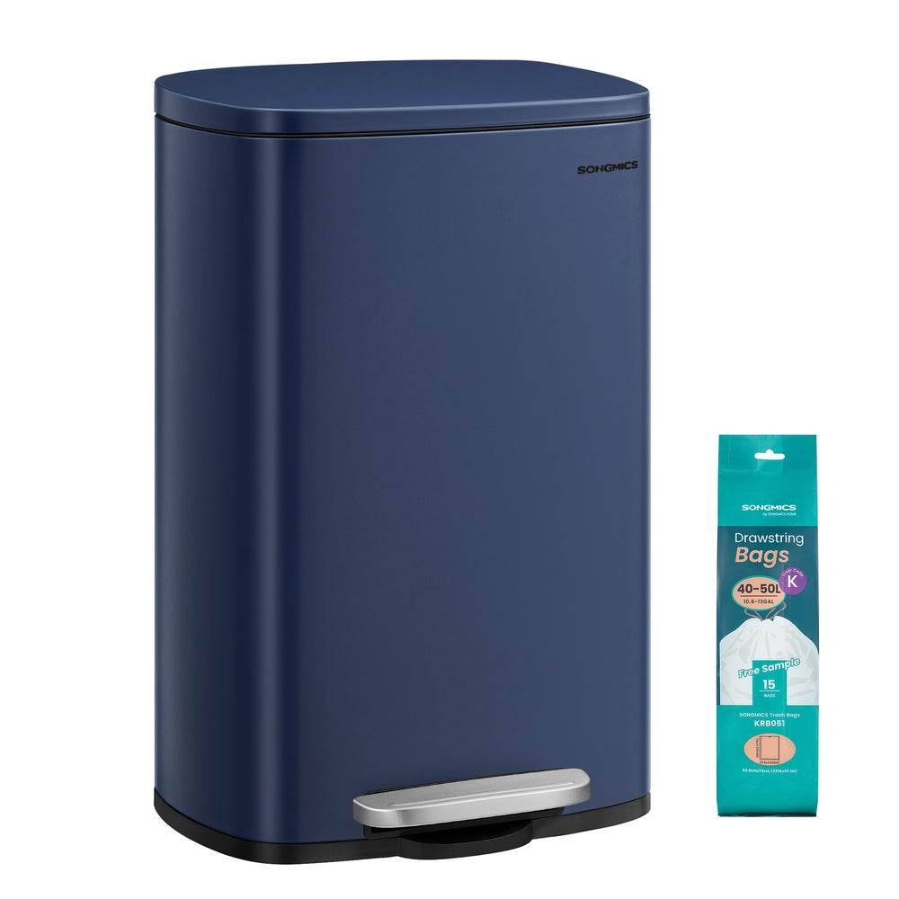 SONGMICS 13 Gallon White Step Trash Can with Hinged Lid – Midnight Blue