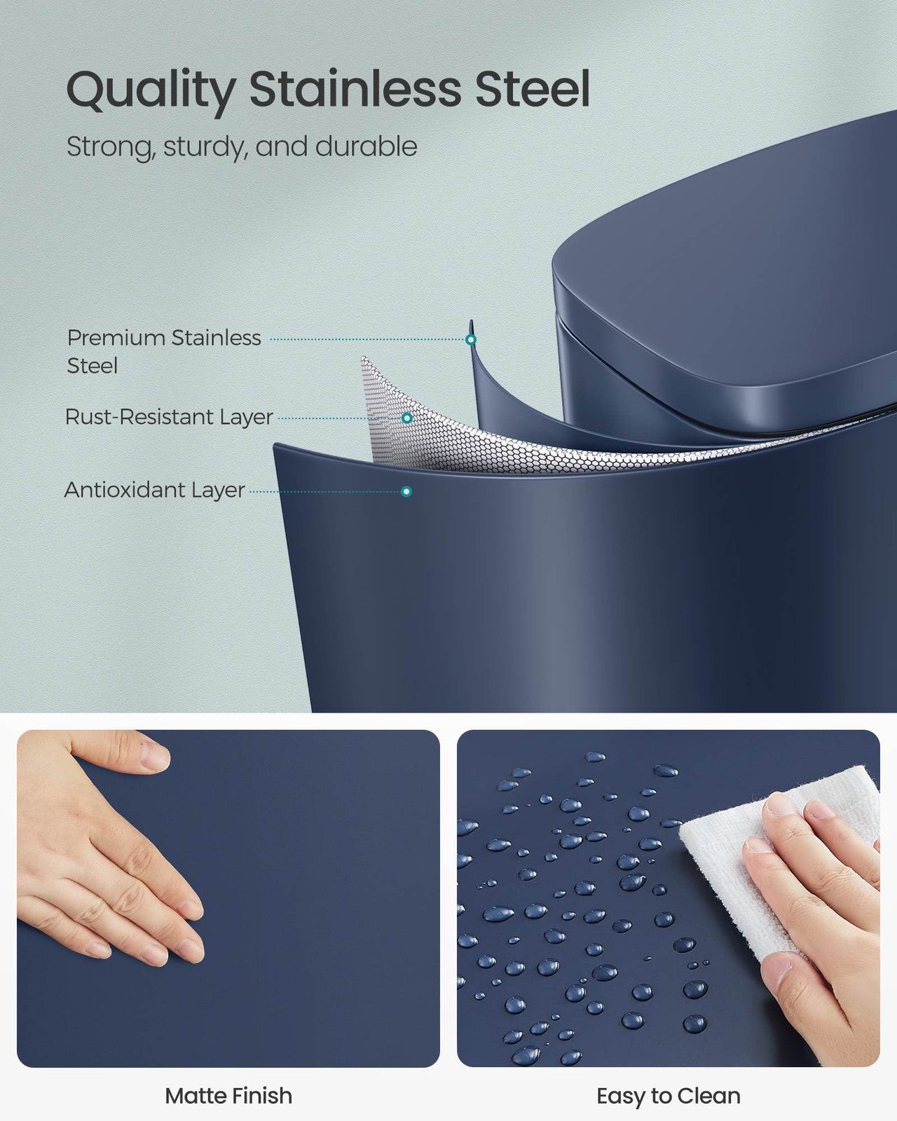 SONGMICS 13 Gallon White Step Trash Can with Hinged Lid – Midnight Blue