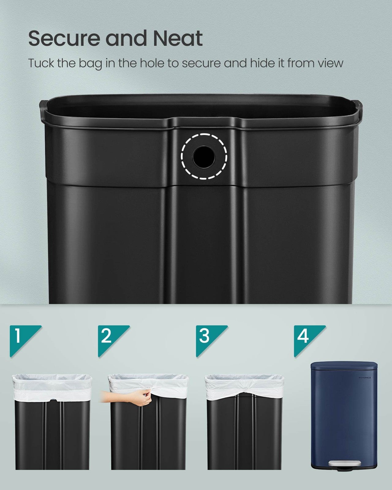 SONGMICS 13 Gallon White Step Trash Can with Hinged Lid – Midnight Blue