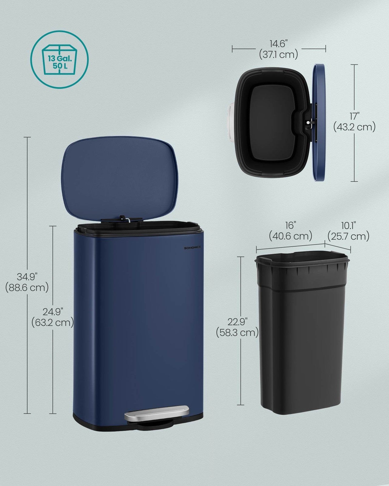 SONGMICS 13 Gallon White Step Trash Can with Hinged Lid – Midnight Blue