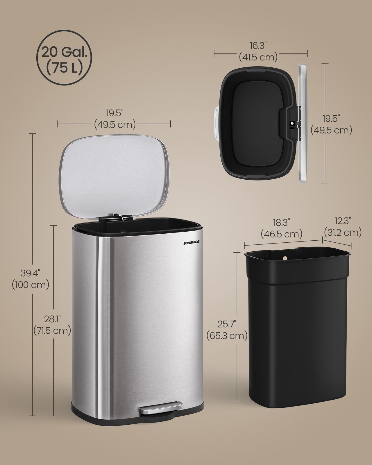 SONGMICS Soft Close Stainless Steel Trash Can | ULTB075EZ01