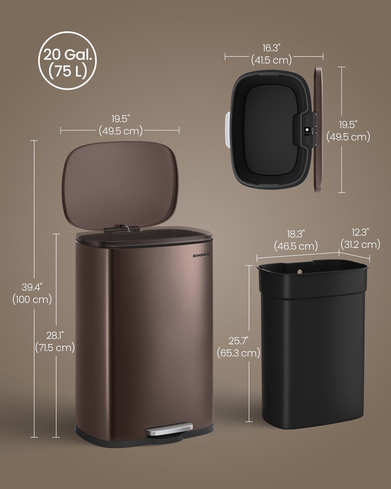 SONGMICS Soft Close Stainless Steel Trash Can | ULTB075MZ01