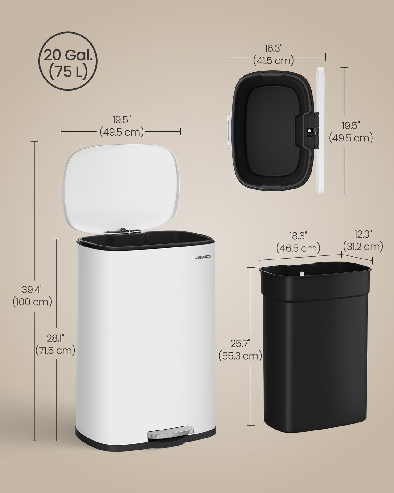 SONGMICS Soft Close Stainless Steel Trash Can | ULTB075WZ01