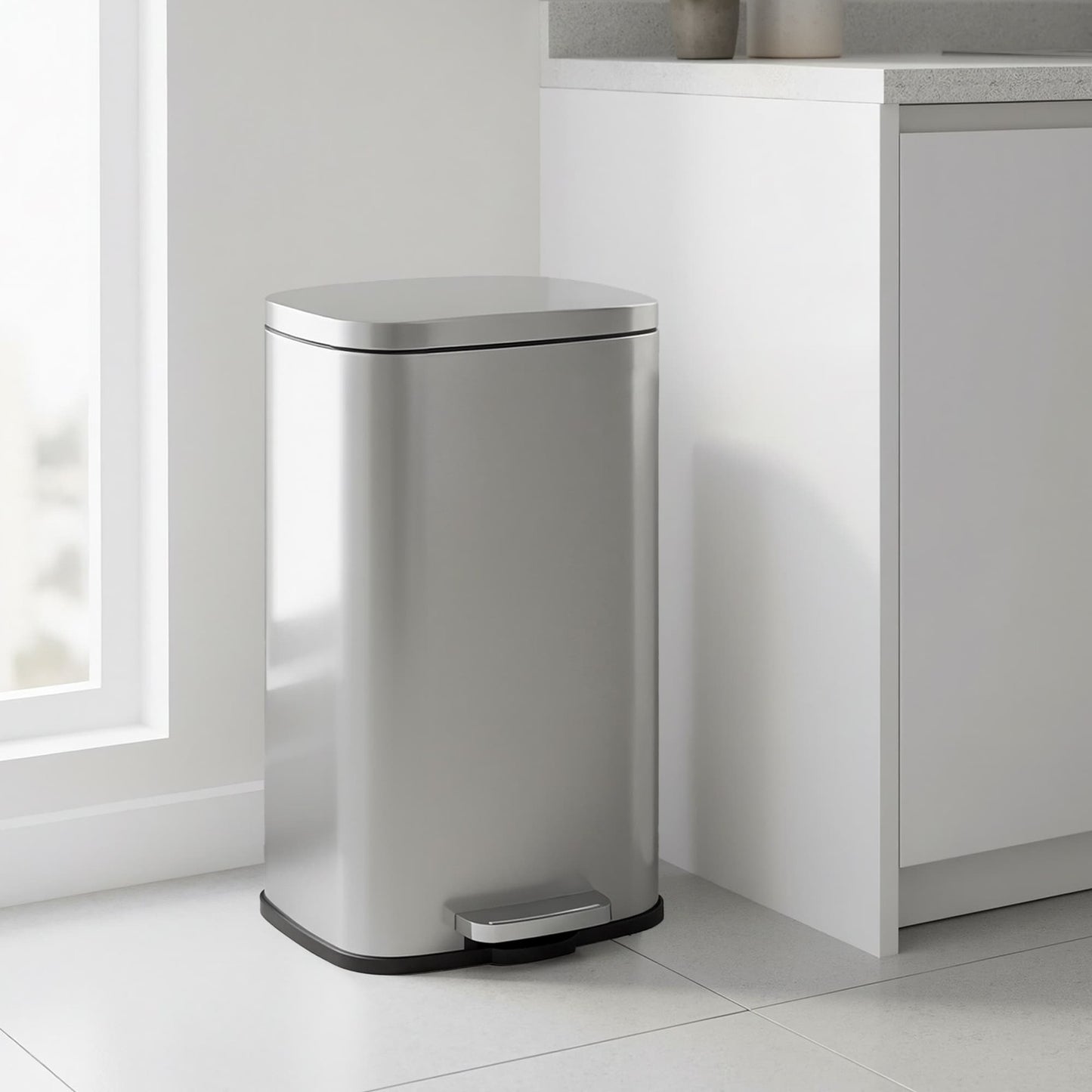 SONGMICS Stainless Steel Step Trash Can with Lid for Kitchen Use – Silver