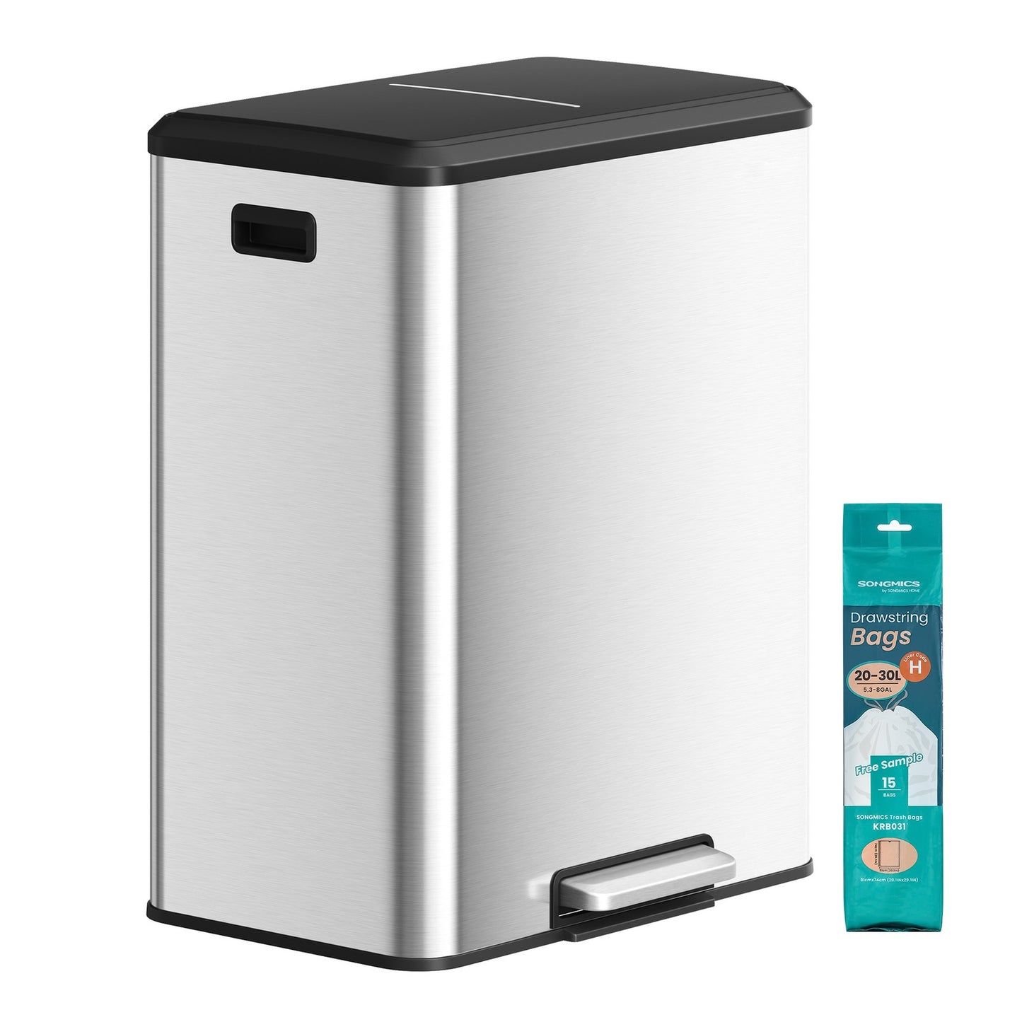 SONGMICS Stainless Steel Dual Pedal Trash Can for Kitchen Recycling – Metallic Silver