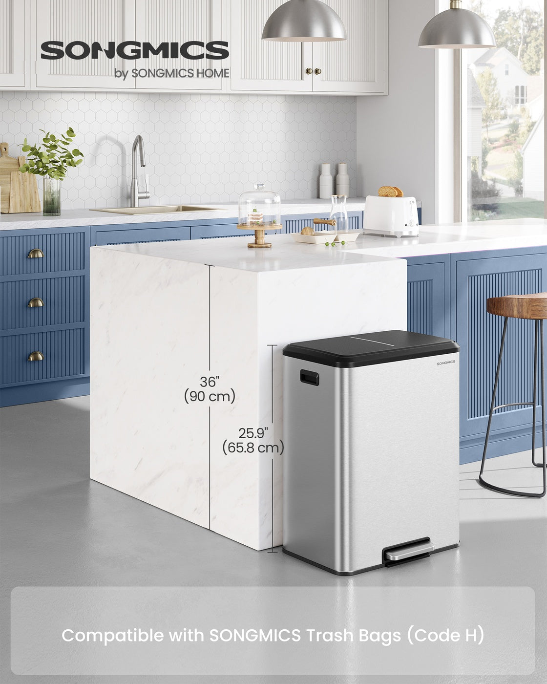 SONGMICS Stainless Steel Dual Pedal Trash Can for Kitchen Recycling – Metallic Silver