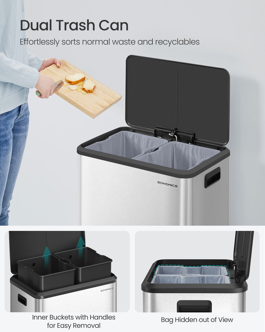 SONGMICS Stainless Steel Dual Pedal Trash Can for Kitchen Recycling – Metallic Silver