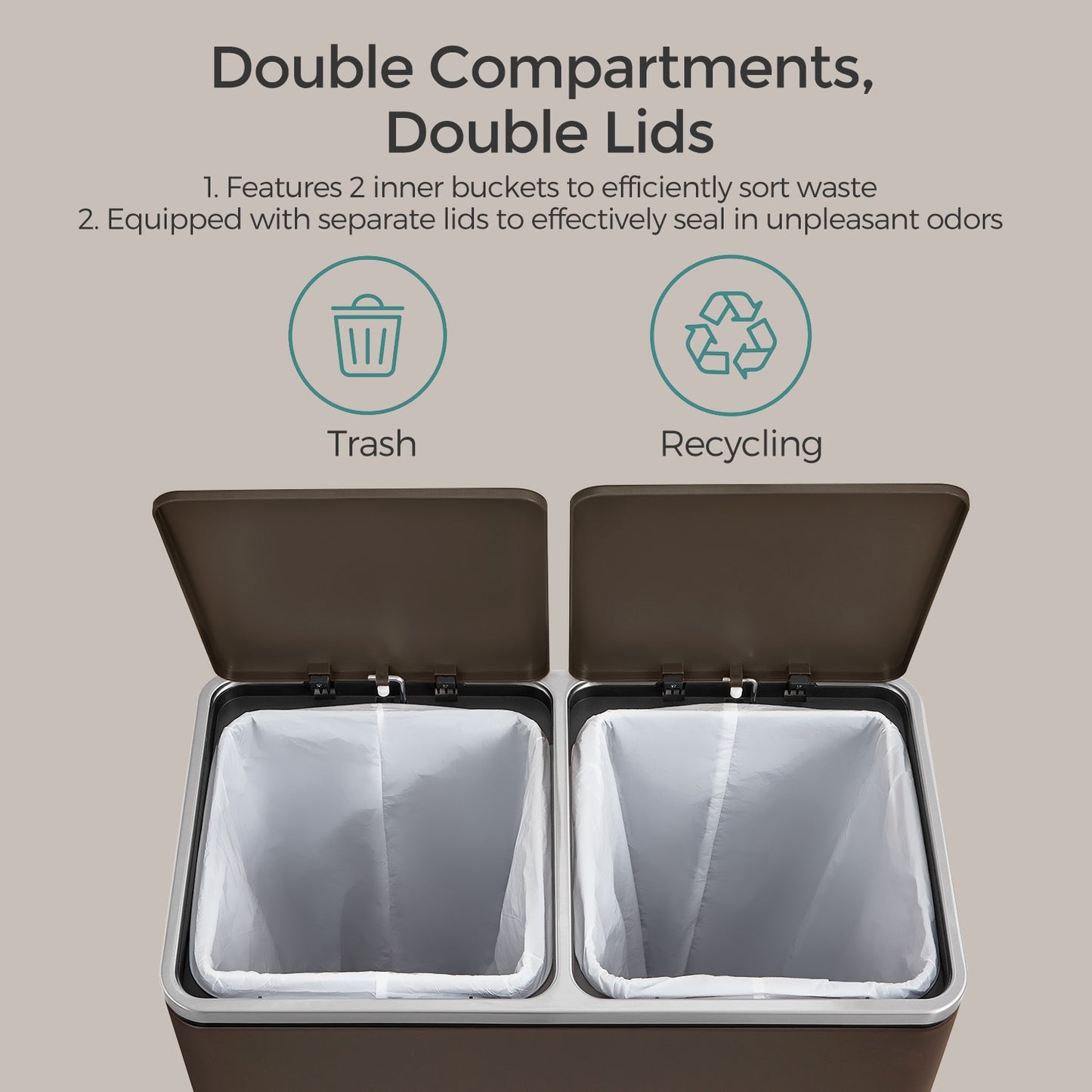 SONGMICS Dual Compartment Kitchen Trash Can with Airtight Hinged Lids – Brown
