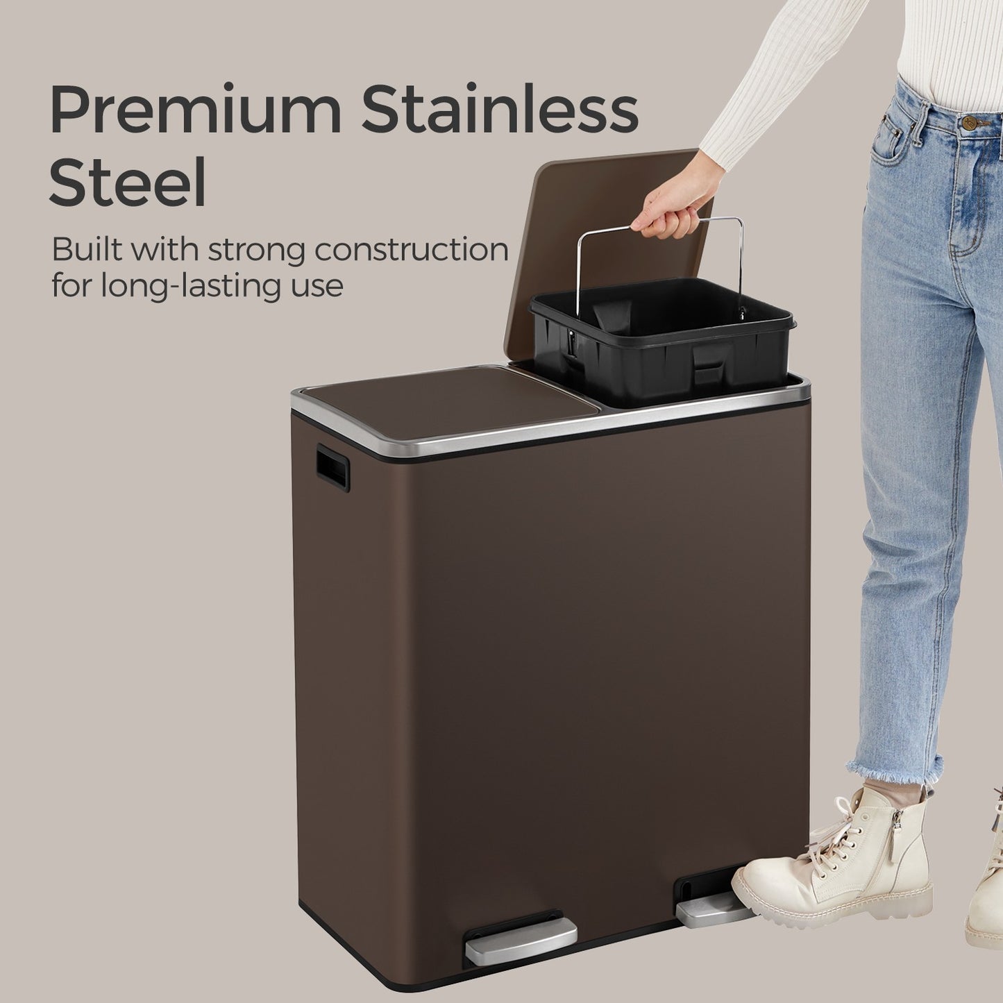SONGMICS Dual Compartment Kitchen Trash Can with Airtight Hinged Lids – Brown