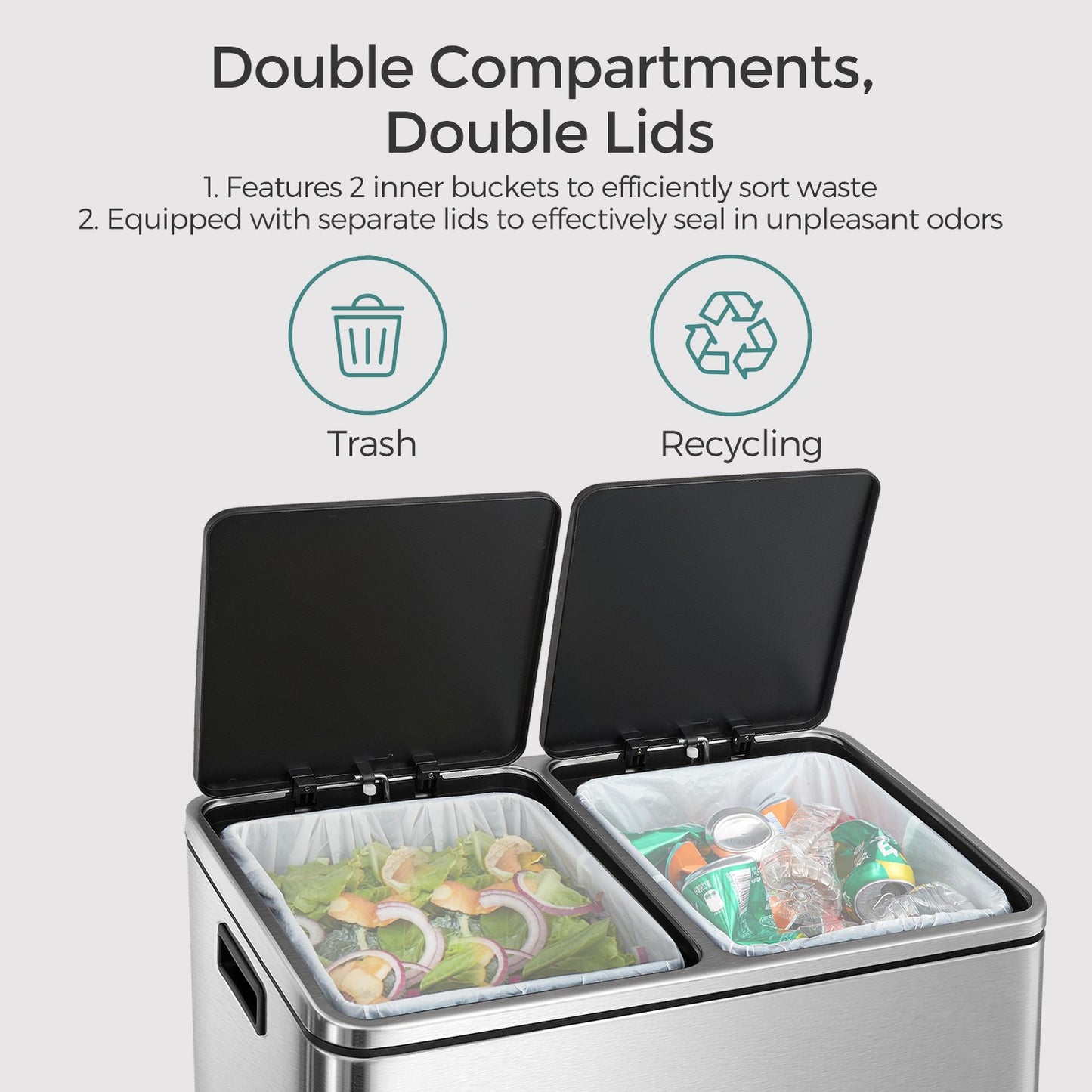 SONGMICS Dual Compartment Kitchen Trash Can with Airtight Hinged Lids – Silver, Black