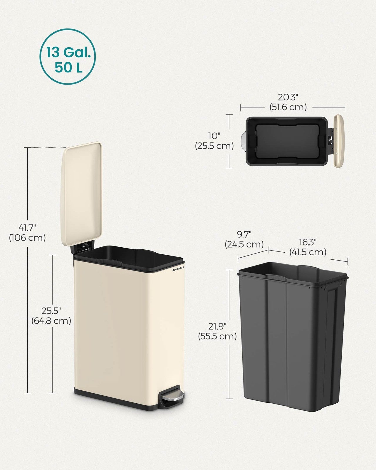 SONGMICS 13-Gallon (50 L) Garbage Can for Narrow Spaces with Soft-Close Lid – Sand Beige