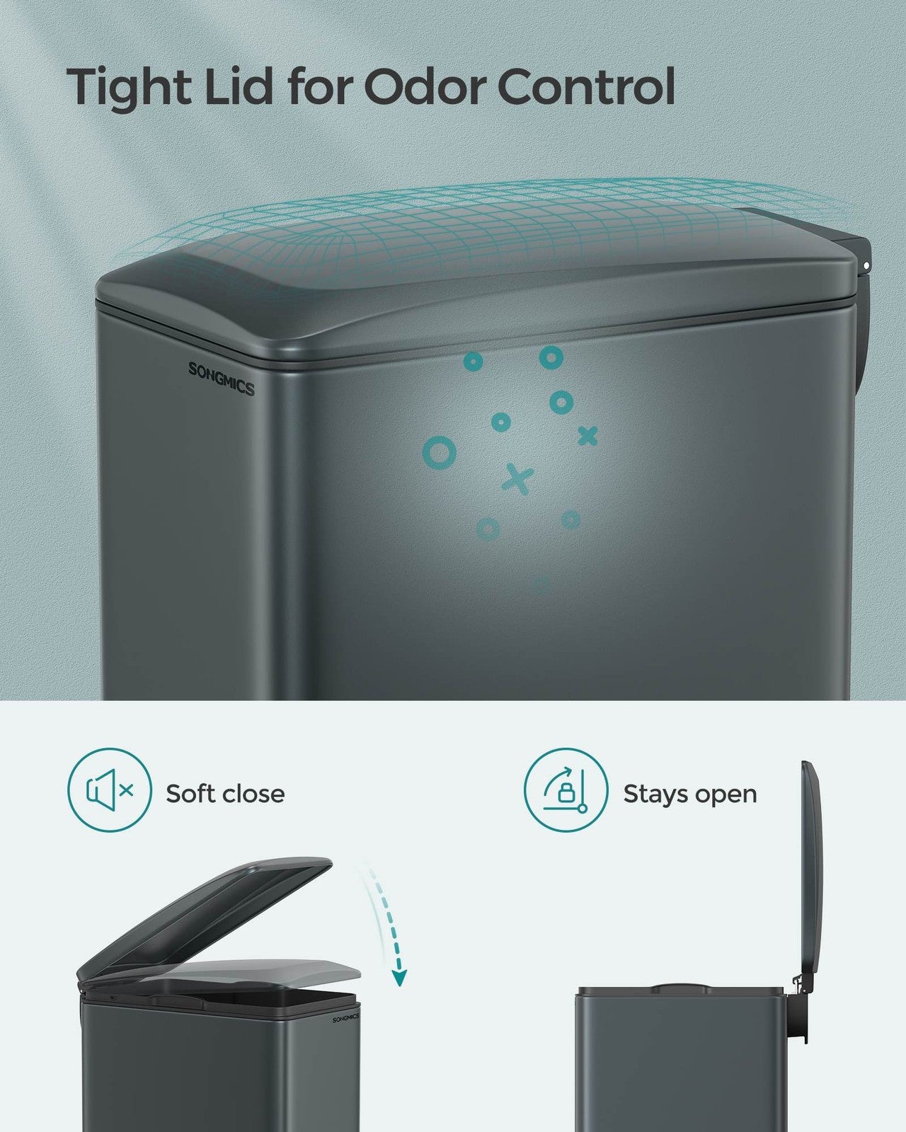 SONGMICS 13-Gallon (50 L) Garbage Can for Narrow Spaces with Soft-Close Lid – Charcoal Gray