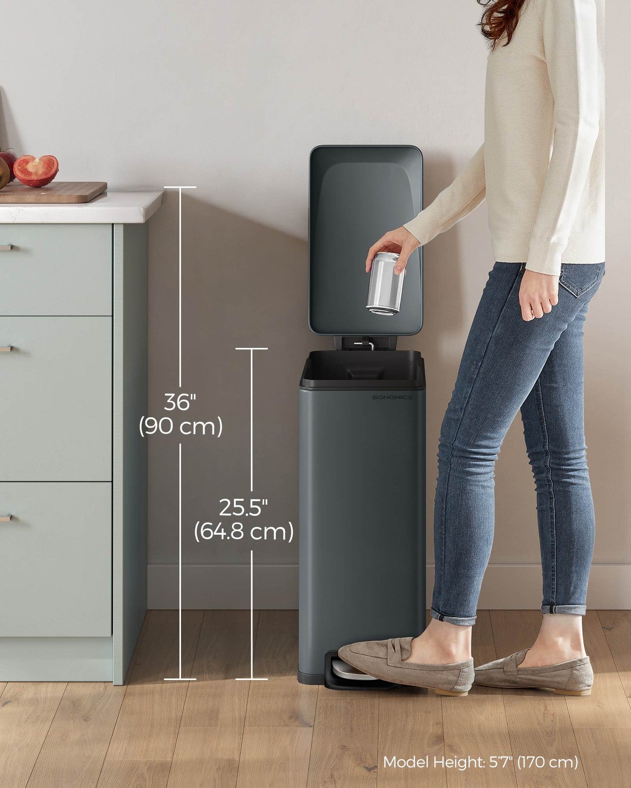 SONGMICS 13-Gallon (50 L) Garbage Can for Narrow Spaces with Soft-Close Lid – Charcoal Gray